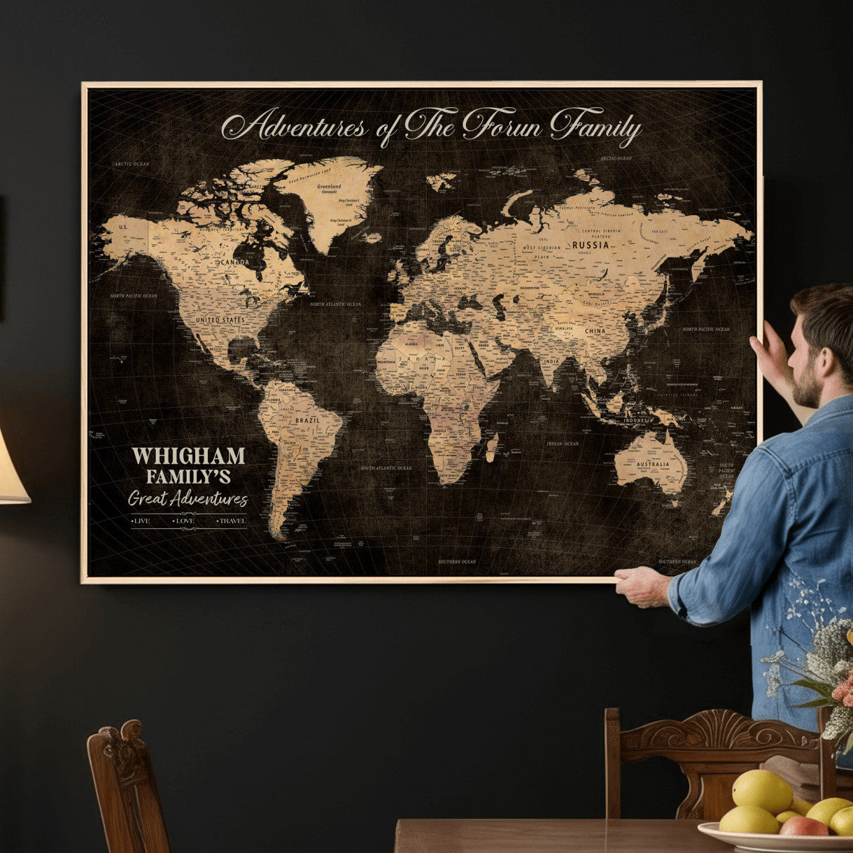 68639184-MGV-CV-36X24 - Custom Push Pin World Map Wall Art Canvas Print – Personalized Travel Tracker with Pins Framed Large for Home and Office Decor