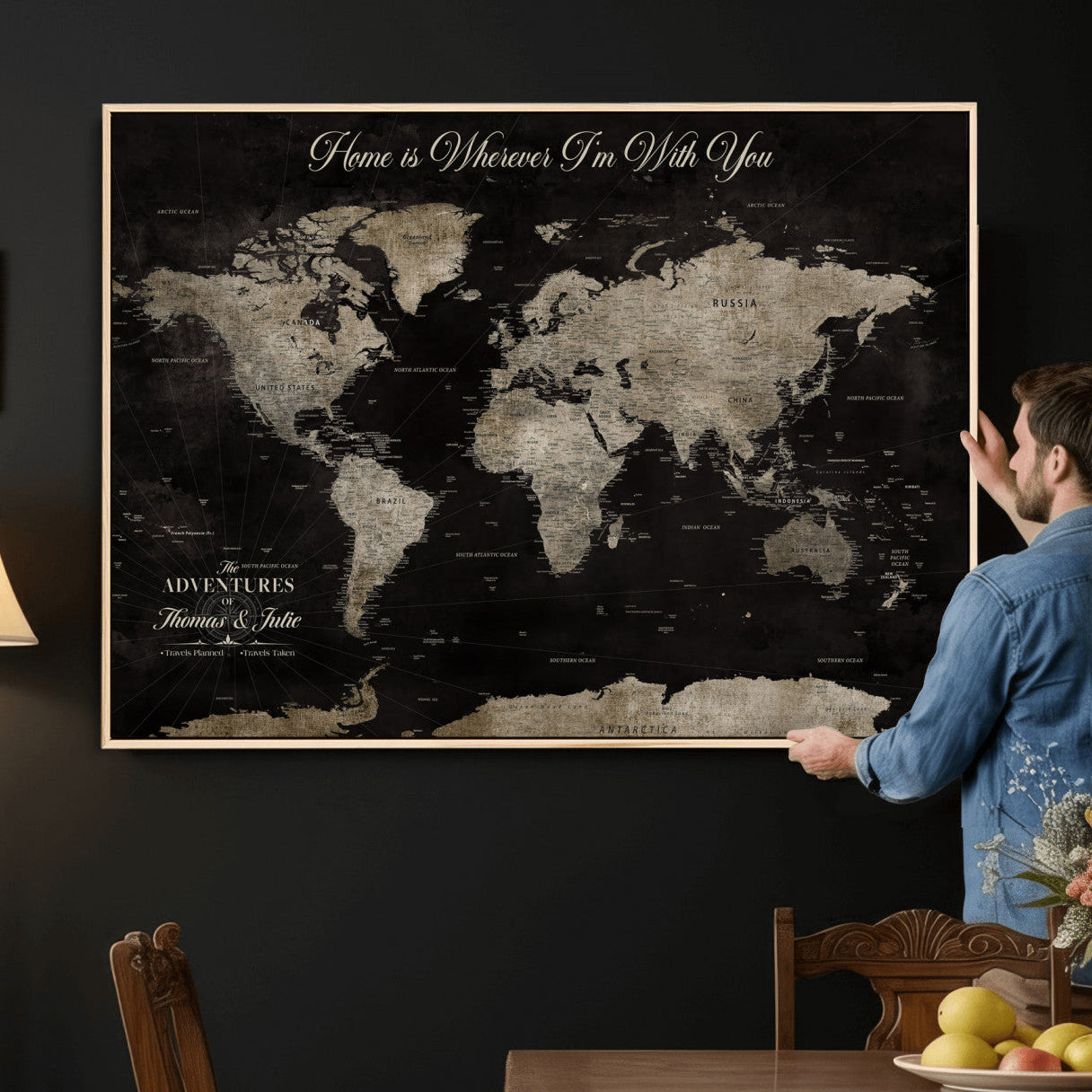 28461537-MGV-CV-36X24 - Custom Push Pin World Map Wall Art Canvas Print – Personalized Travel Tracker with Pins Framed Large for Home and Office Decor