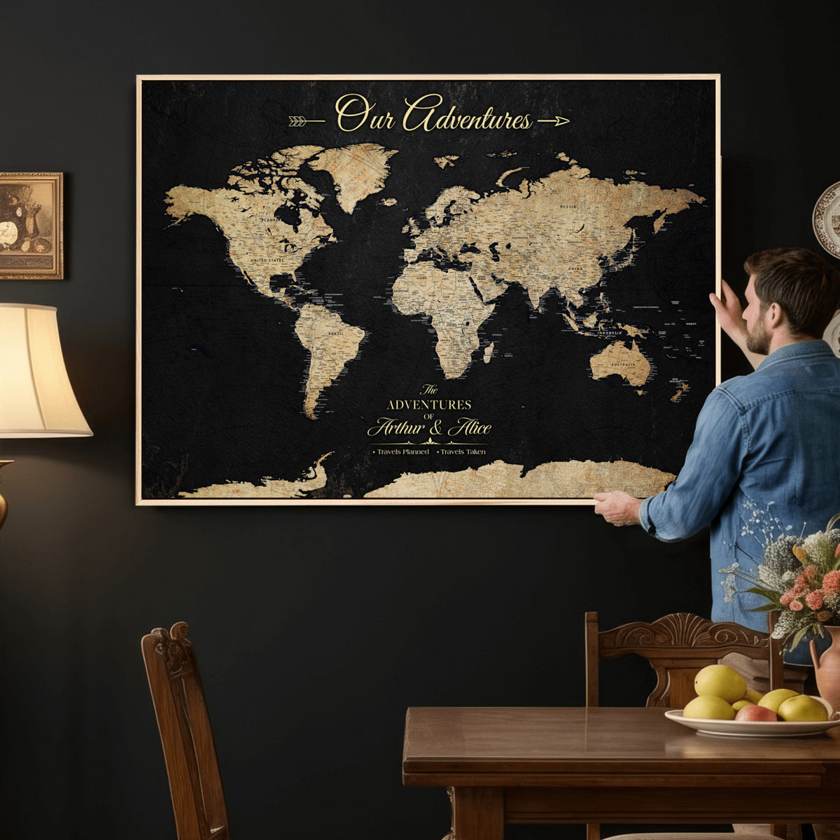 54638998-MGV-CV-36X24 - Custom Push Pin World Map Wall Art Canvas Print | Personalized Travel Tracker with Pins Framed Large for Home and Office Decor