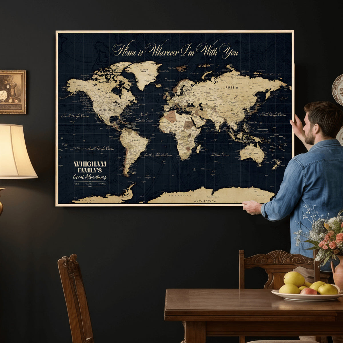 86888698-MGV-CV-36X24 - Custom Push Pin World Map Wall Art Canvas Print | Personalized Travel Tracker with Pins Framed Large for Home and Office Decor