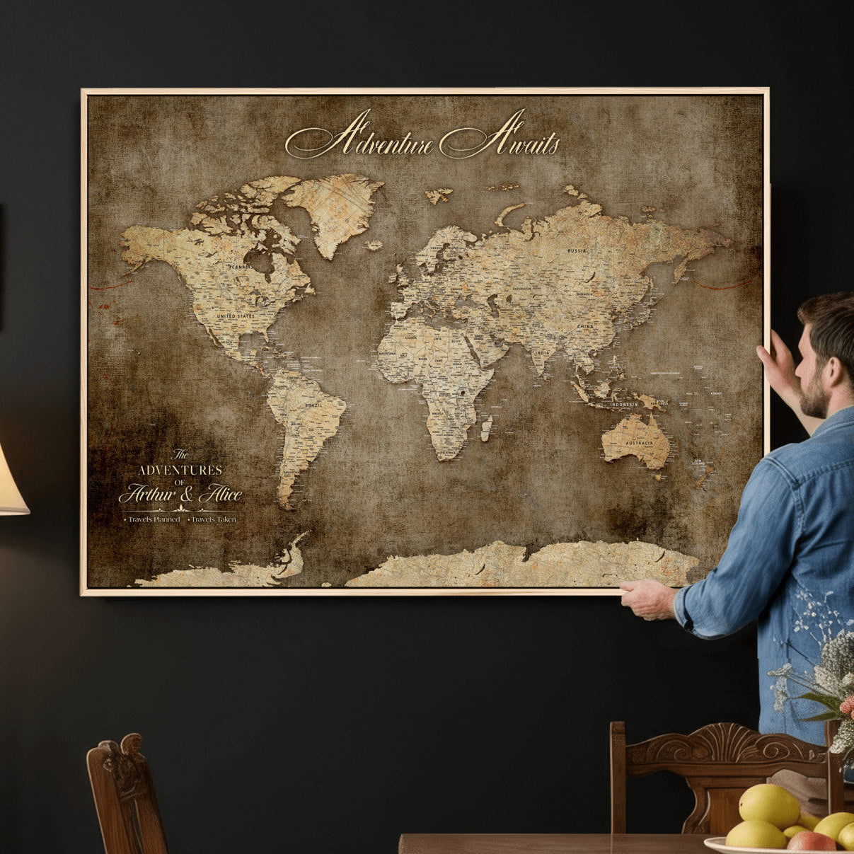 61836190-MGV-CV-36X24 - Custom Push Pin World Map Wall Art Canvas Print – Personalized Travel Tracker with Pins Framed Large for Home and Office Decor