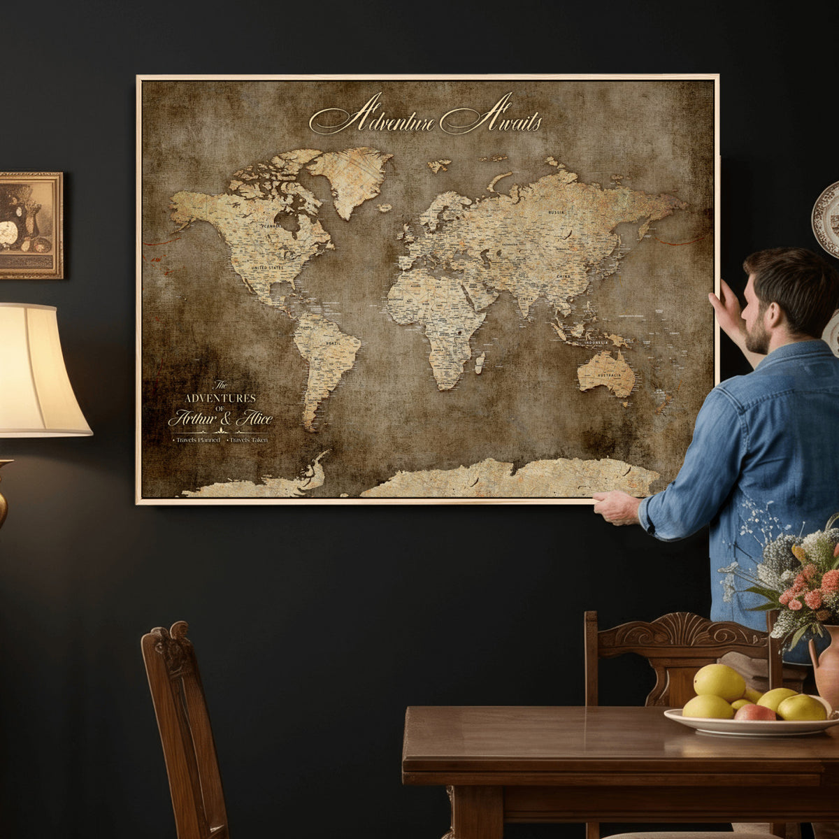 61836190-MGV-CV-36X24 - Custom Push Pin World Map Wall Art Canvas Print | Personalized Travel Tracker with Pins Framed Large for Home and Office Decor