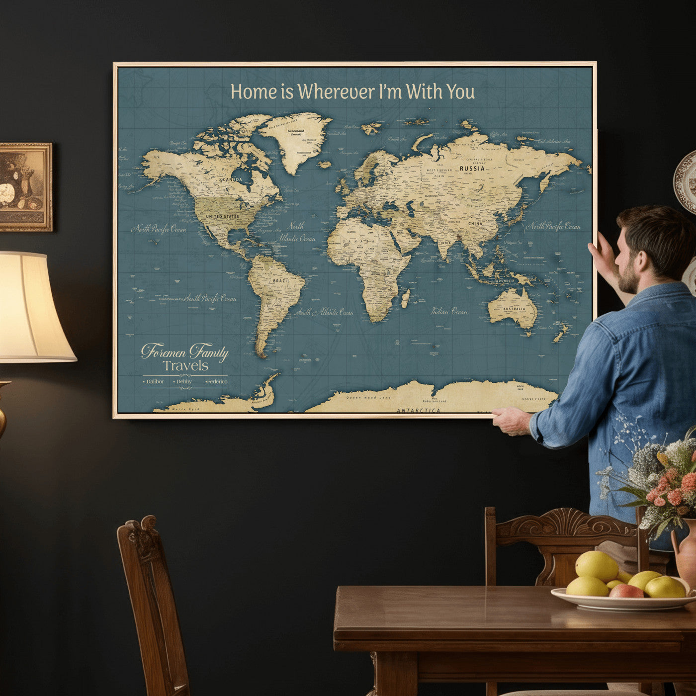 15936891-MGV-CV-36X24 - Custom Push Pin World Map Wall Art Canvas Print – Personalized Travel Tracker with Pins Framed Large for Home and Office Decor