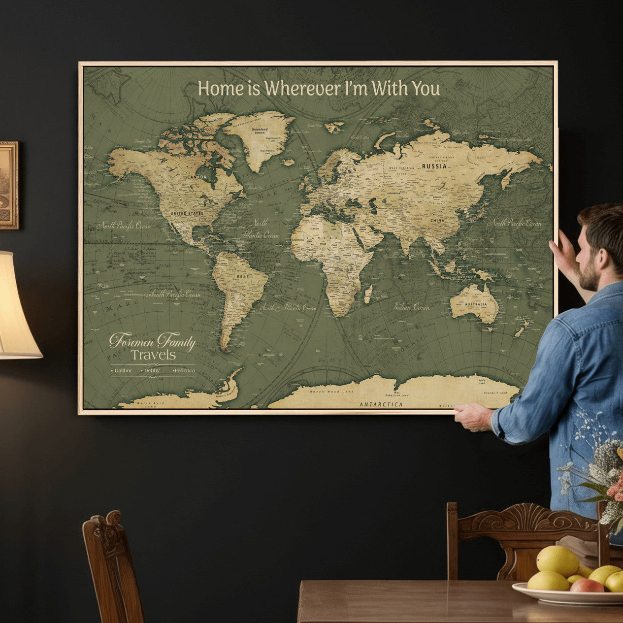 31715895-MGV-CV-36X24 - Custom Push Pin World Map Wall Art Canvas Print – Personalized Travel Tracker with Pins Framed Large for Home and Office Decor