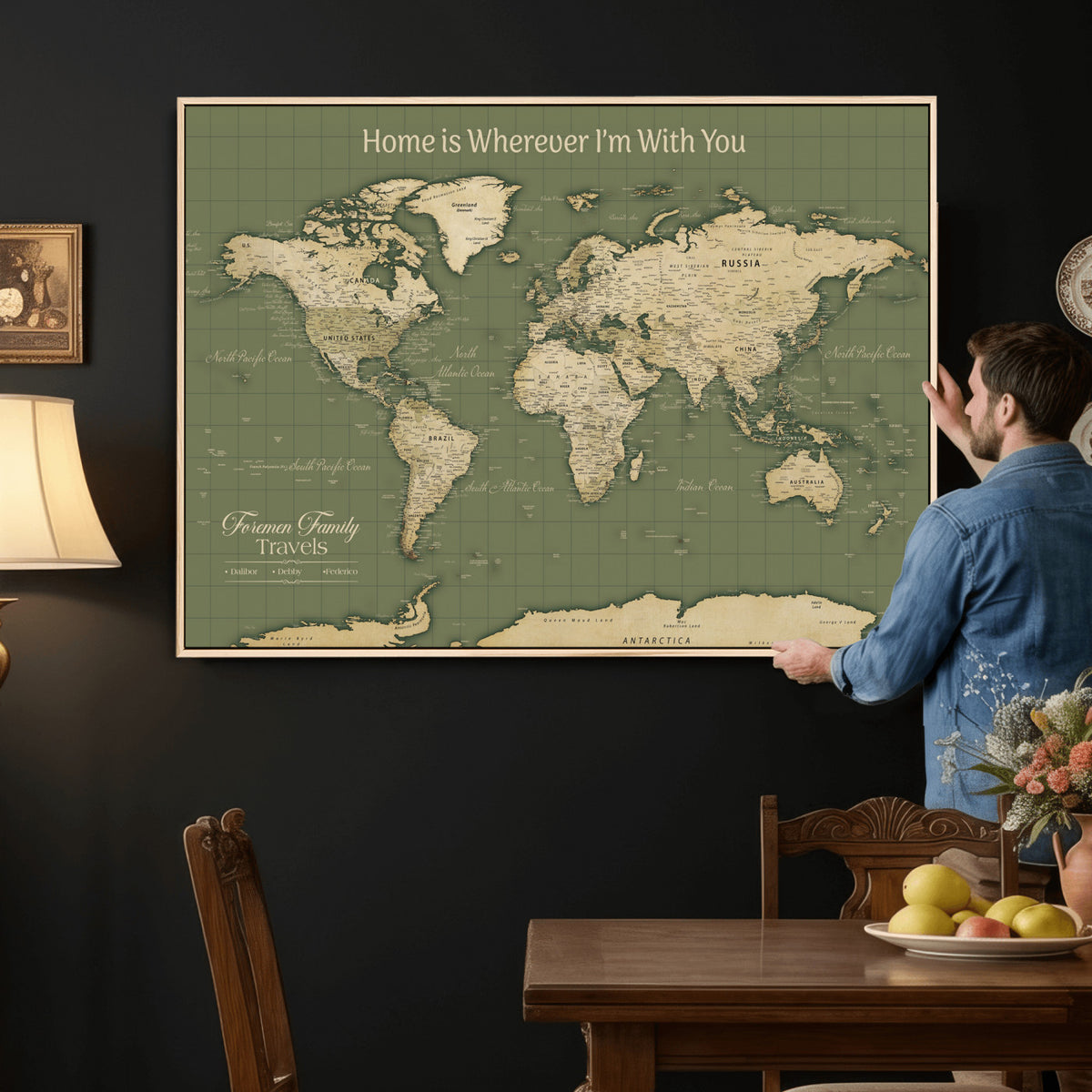 88521244-MGV-CV-36X24 - Custom Push Pin World Map Wall Art Canvas Print | Personalized Travel Tracker with Pins Framed Large for Home and Office Decor