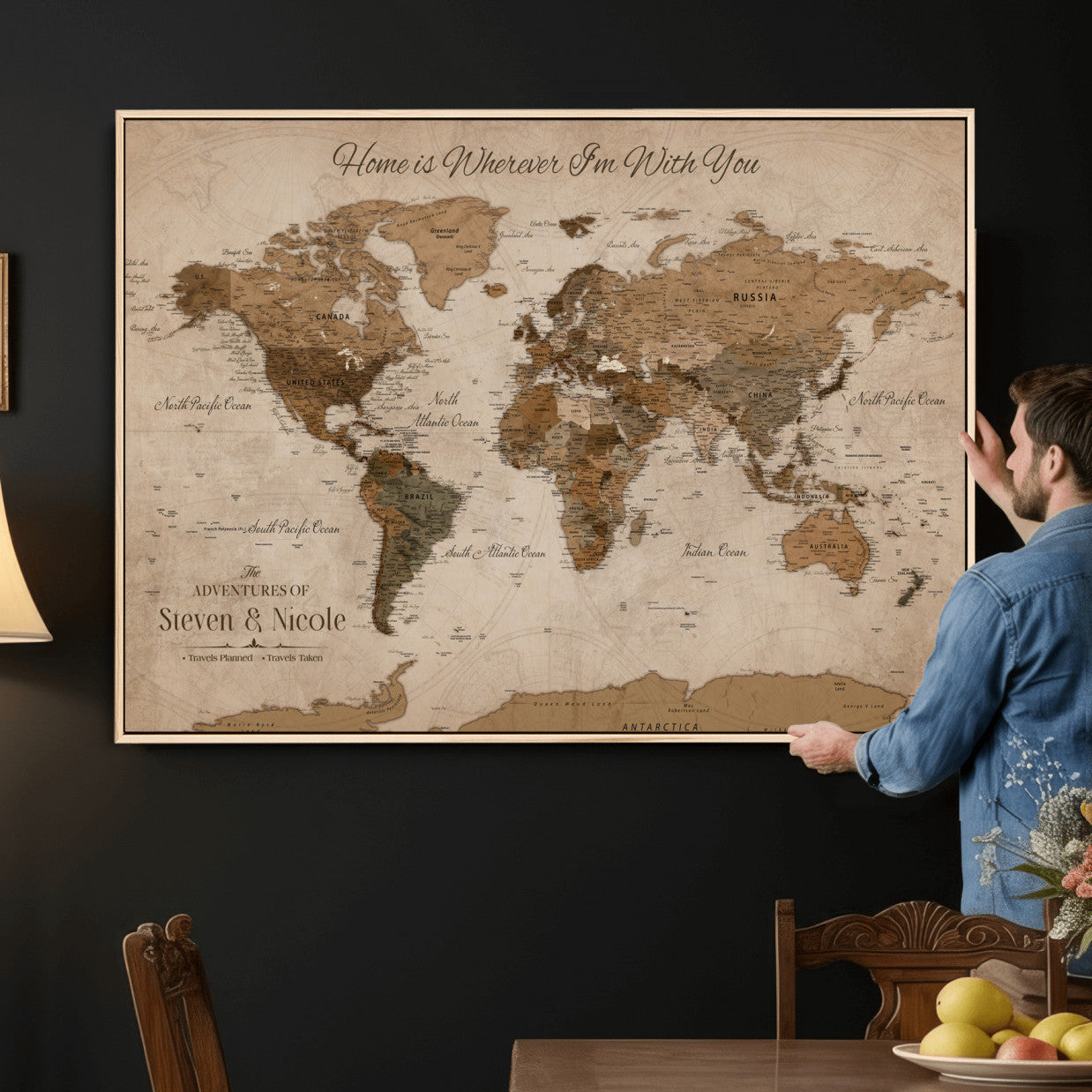 67360040-MGV-CV-36X24 - Custom Push Pin World Map Wall Art Canvas Print – Personalized Travel Tracker with Pins Framed Large for Home and Office Decor