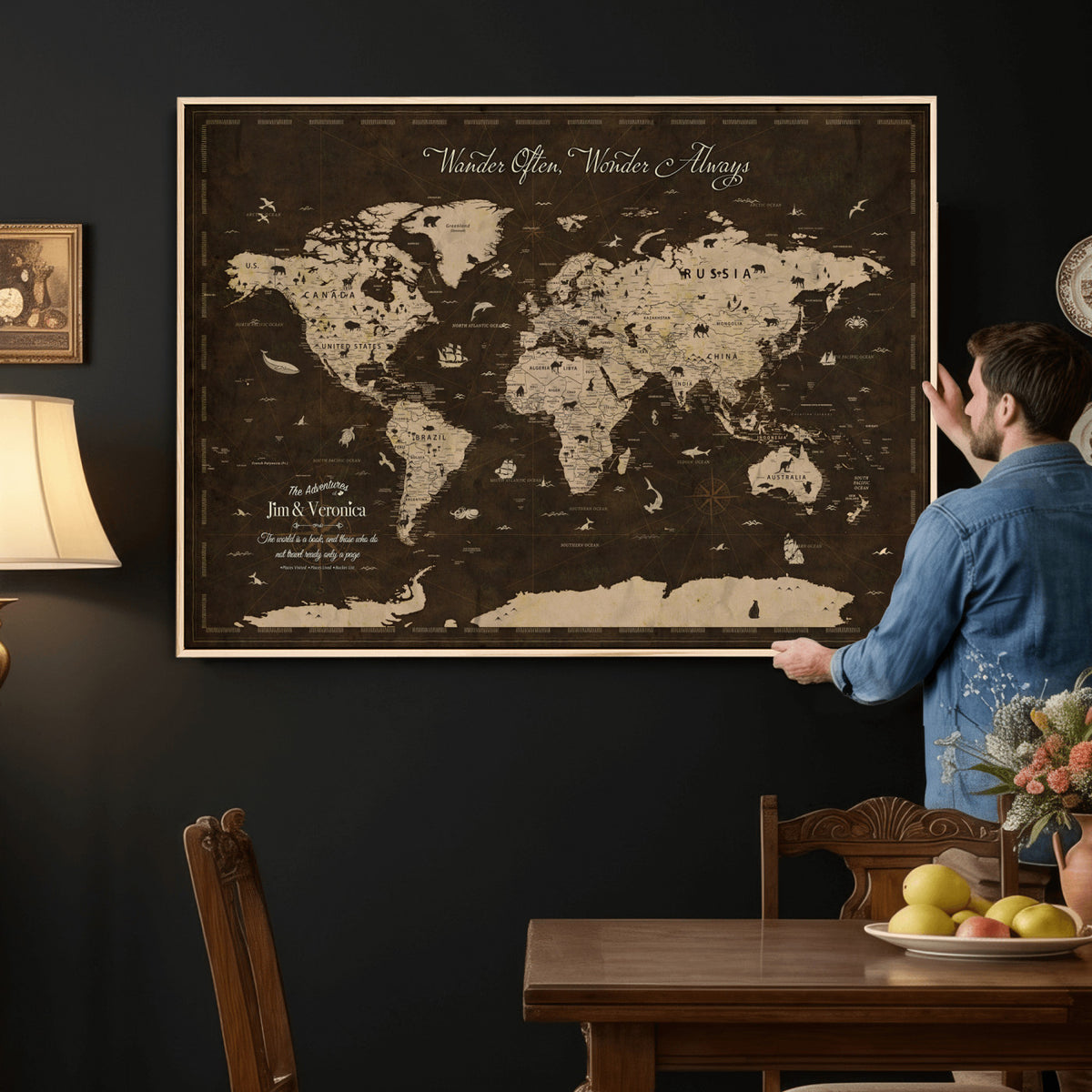 20091587-MGV-CV-36X24 - Custom Push Pin World Map Wall Art Canvas Print | Personalized Travel Tracker with Pins Framed Large for Home and Office Decor