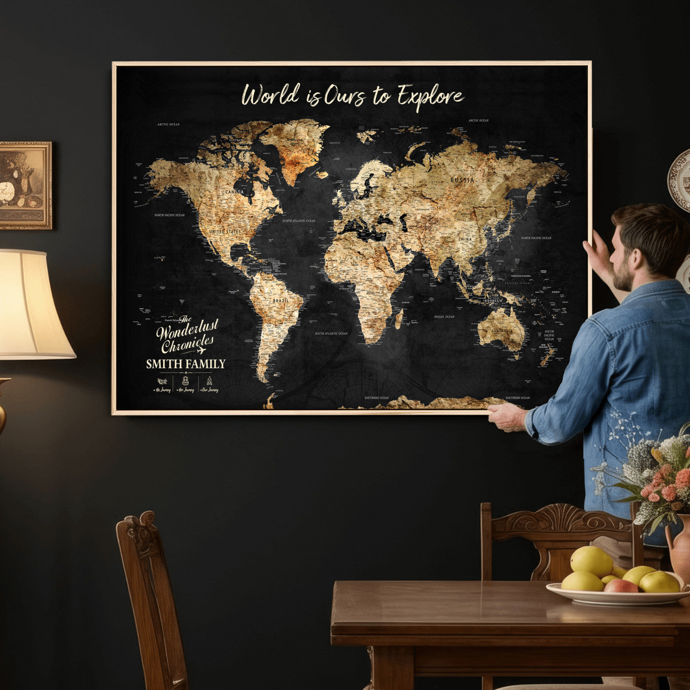 73732636-MGV-CV-36X24 - Custom Push Pin World Map Wall Art Canvas Print – Personalized Travel Tracker with Pins Framed Large for Home and Office Decor