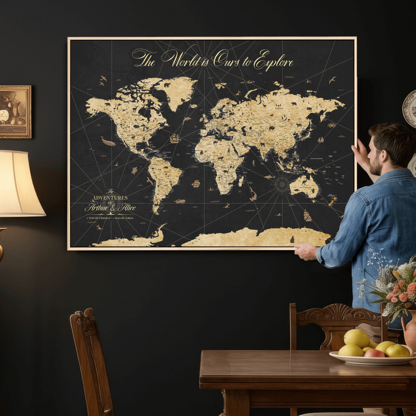 54097664-MGV-CV-36X24 - Custom Push Pin World Map Wall Art Canvas Print – Personalized Travel Tracker with Pins Framed Large for Home and Office Decor