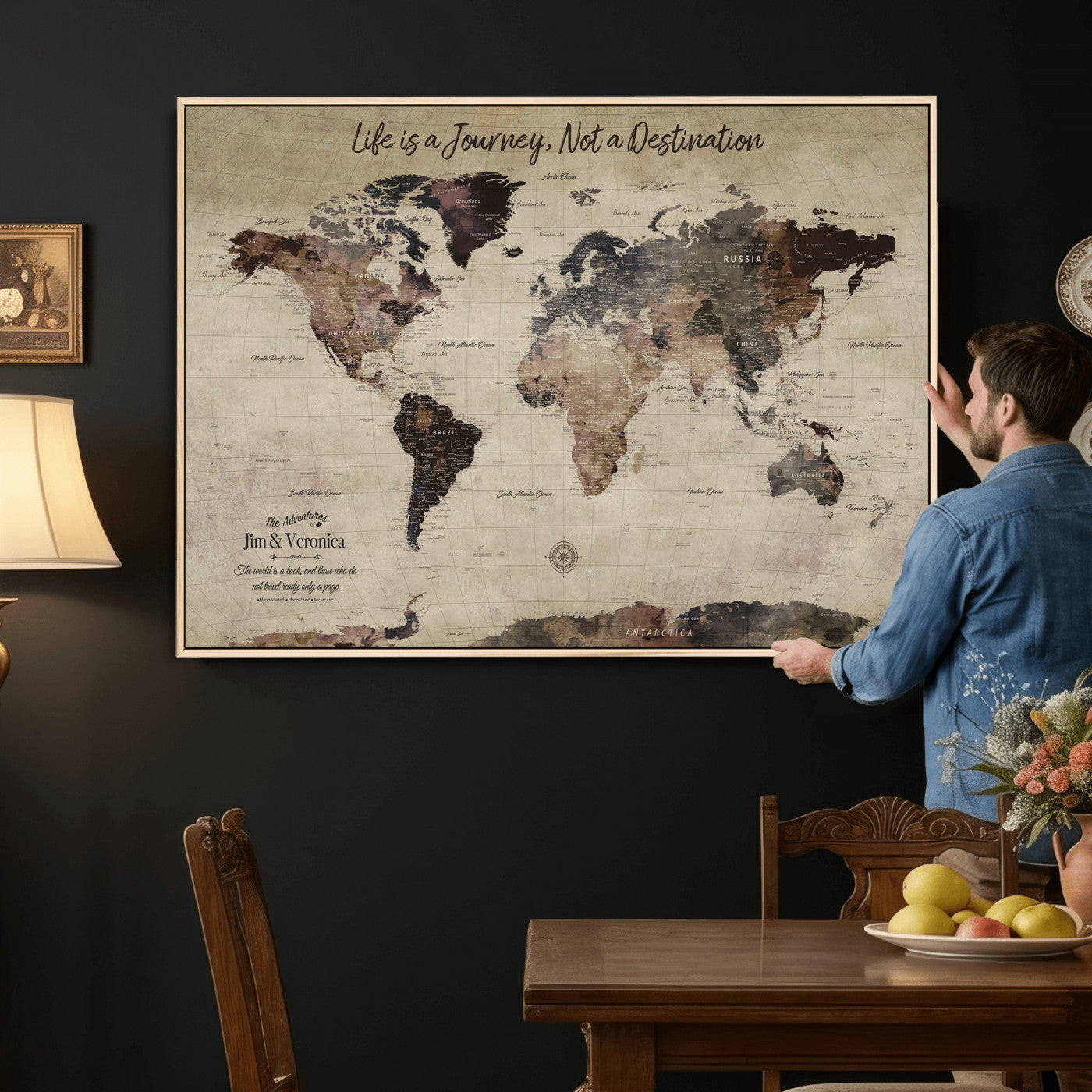 58257942-MGV-CV-36X24 - Custom Push Pin World Map Wall Art Canvas Print – Personalized Travel Tracker with Pins Framed Large for Home and Office Decor