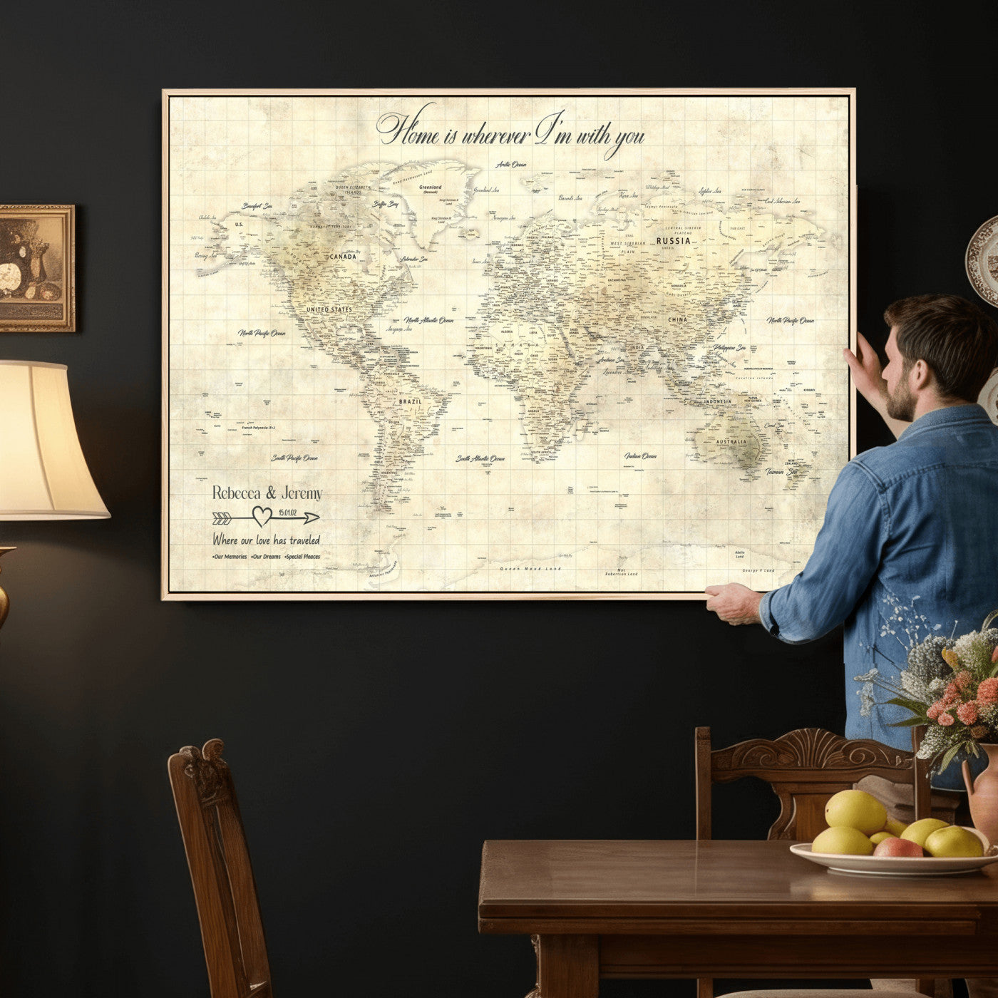 30705590-MGV-CV-36X24 - Custom Push Pin World Map Wall Art Canvas Print – Personalized Travel Tracker with Pins Framed Large for Home and Office Decor