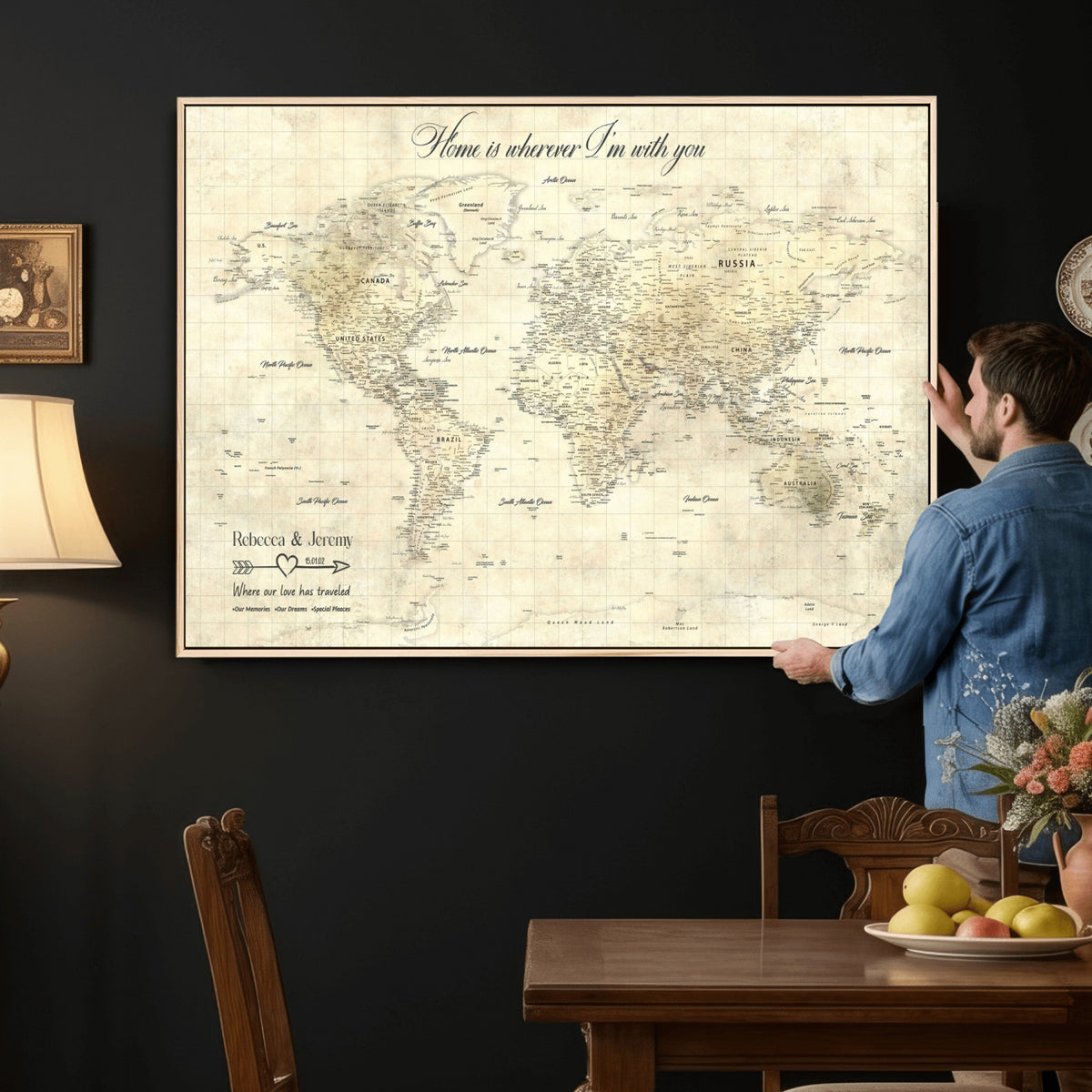 30705590-MGV-CV-36X24 - Custom Push Pin World Map Wall Art Canvas Print | Personalized Travel Tracker with Pins Framed Large for Home and Office Decor