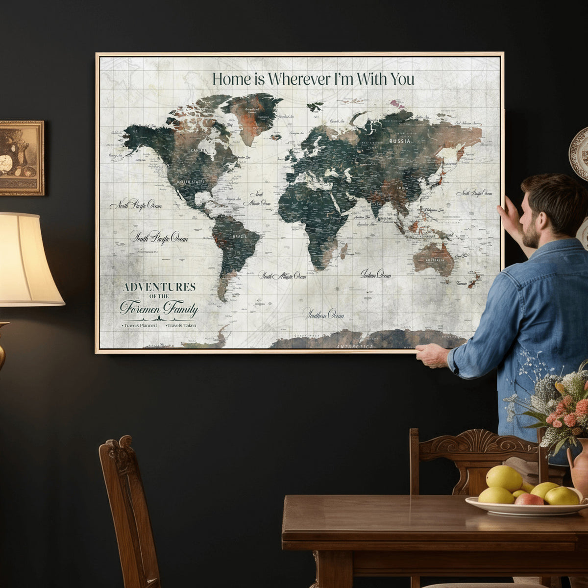98050124-MGV-CV-36X24 - Personalized Beige Modern Push Pin Travel Map Canvas Print, Couples Countries Visited Map, Dining Room and Bedroom Decor