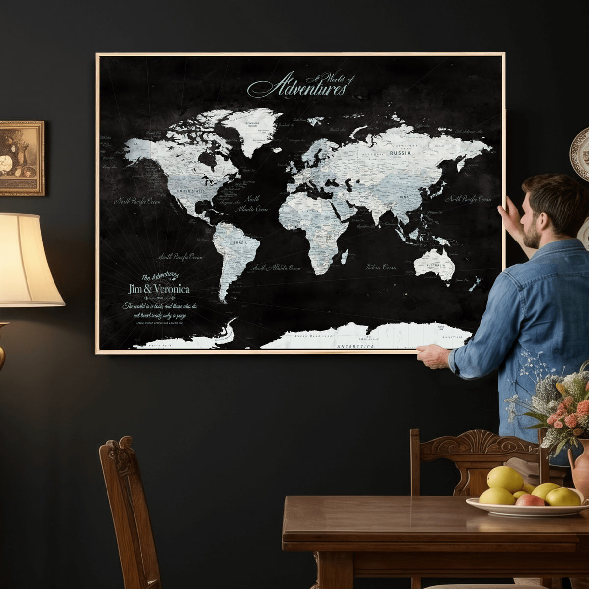 67491071-MGV-CV-36X24 - Custom Beige World Travel Map Wall Art with Pins, Places Visited Tracker, Bedroom and Home Office Decor