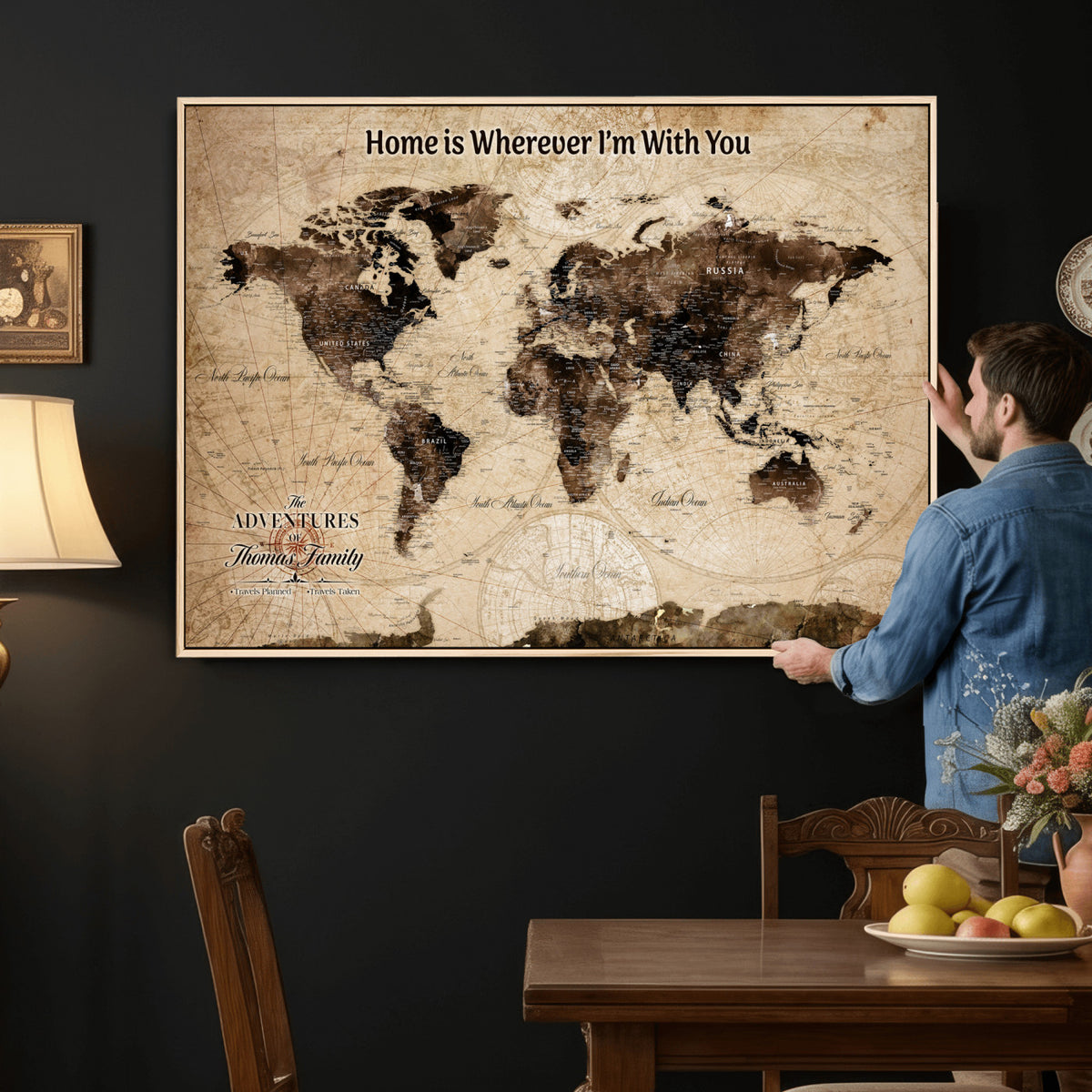 74771891-MGV-CV-36X24 - Personalized Framed Beige Modern World Travel Map Wall Art with Pins, Family Adventure Map, Living Room and Hallway Decor