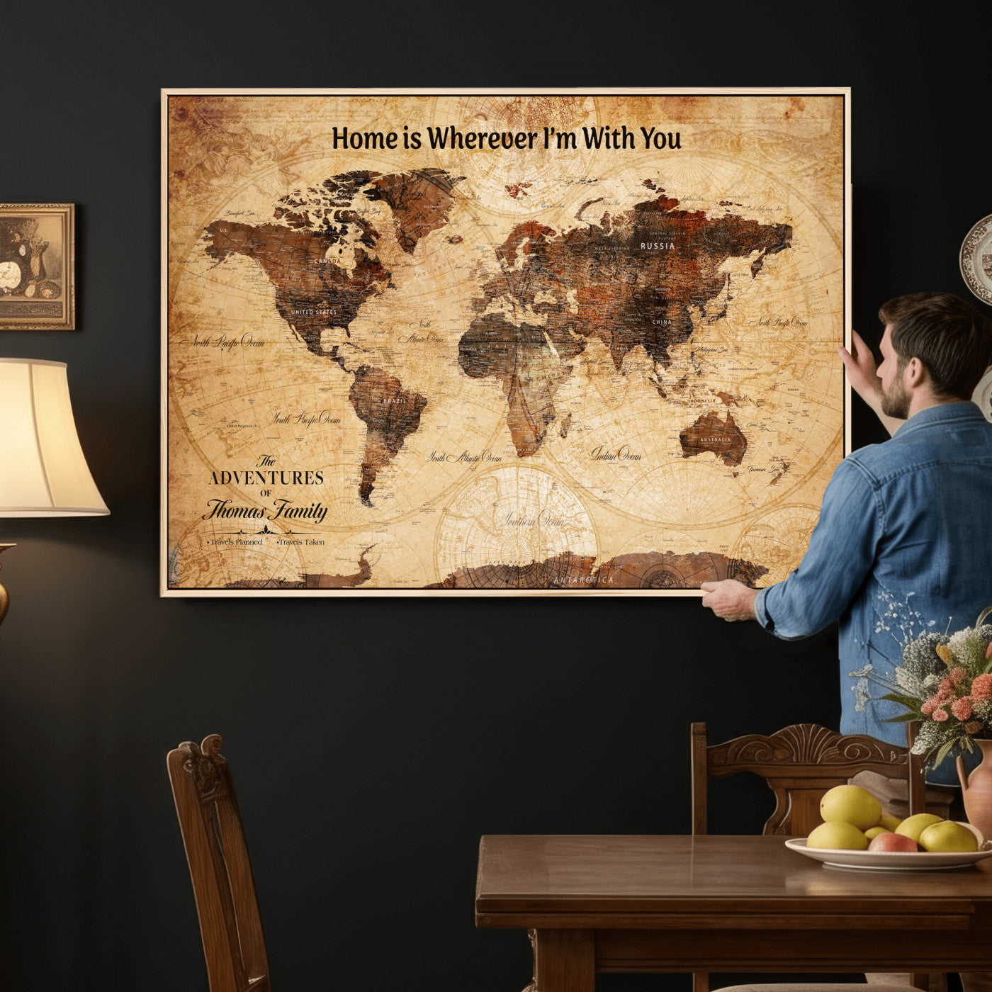 47310001-MGV-CV-36X24 - Custom Push Pin World Map Wall Art Canvas Print – Personalized Travel Tracker with Pins Framed Large for Home and Office Decor