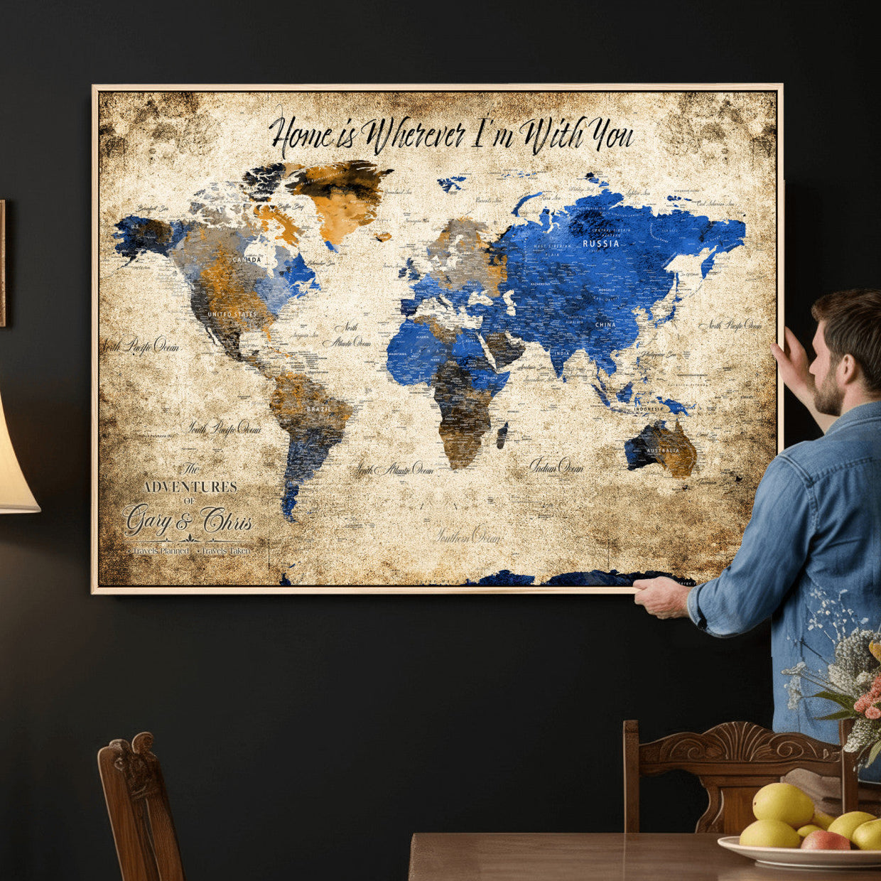 13332533-MGV-CV-36X24 - Custom Push Pin World Map Wall Art Canvas Print – Personalized Travel Tracker with Pins Framed Large for Home and Office Decor