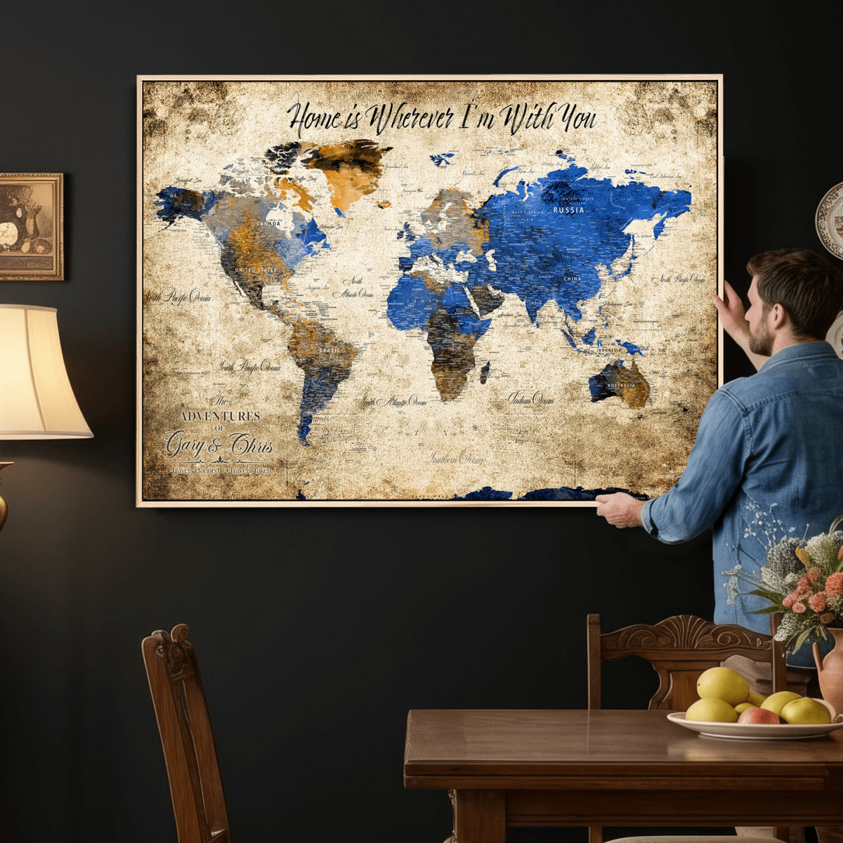 13332533-MGV-CV-36X24 - Personalized Framed Beige World Map Canvas with Push Pins, Honeymoon and Anniversary Gift, Living Room and Home Office Decor