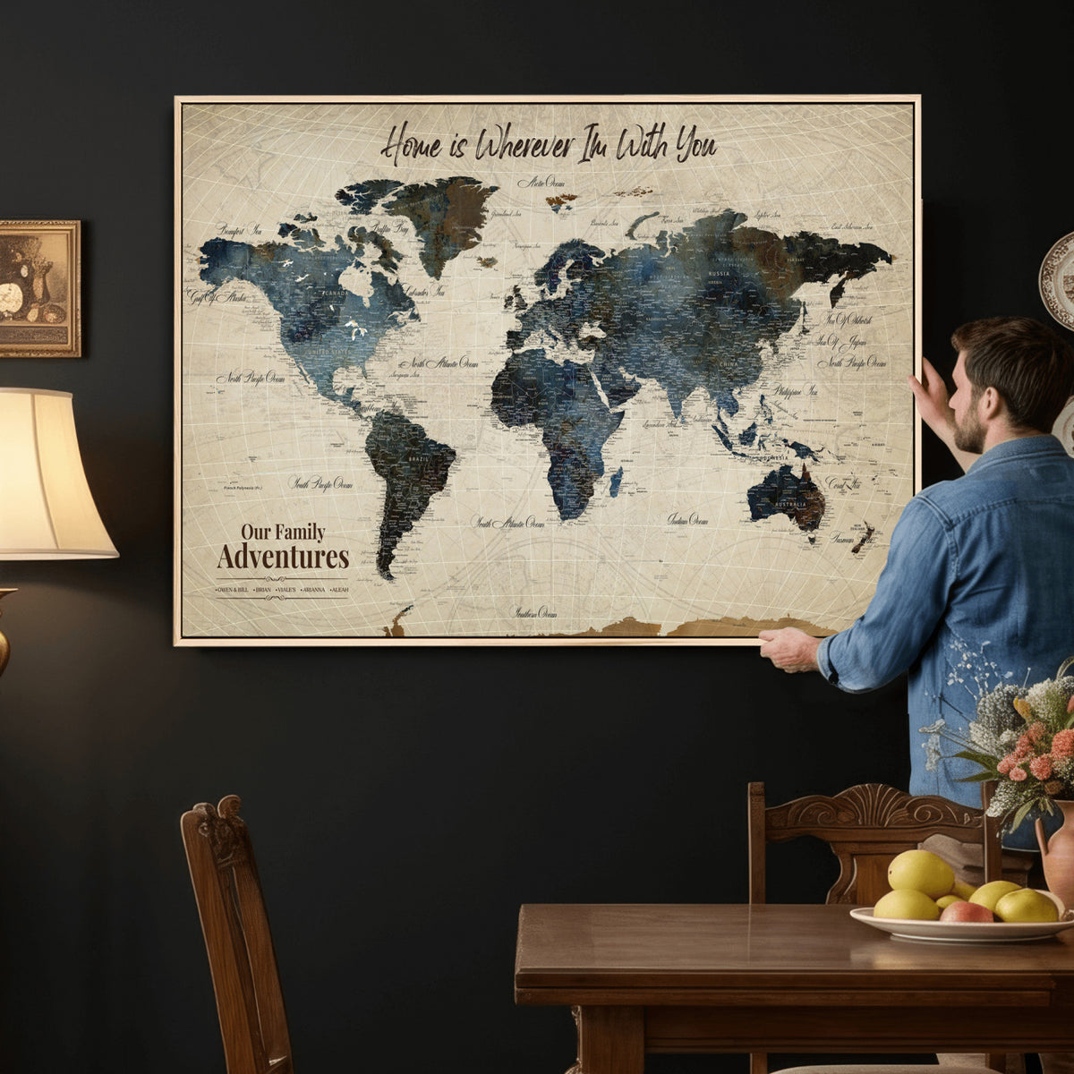 51383535-MGV-CV-36X24 - Personalized Framed Black Modern Push Pin Travel Map Canvas Print, Family Travel Tracker, Home Office and Entryway Decor