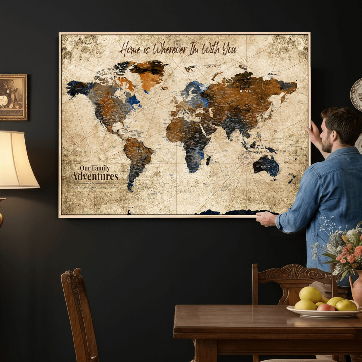 17548029-MGV-CV-36X24 - Personalized Framed Beige Modern Push Pin World Map Canvas Print, Bucket List Map, Home Office and Study Decor