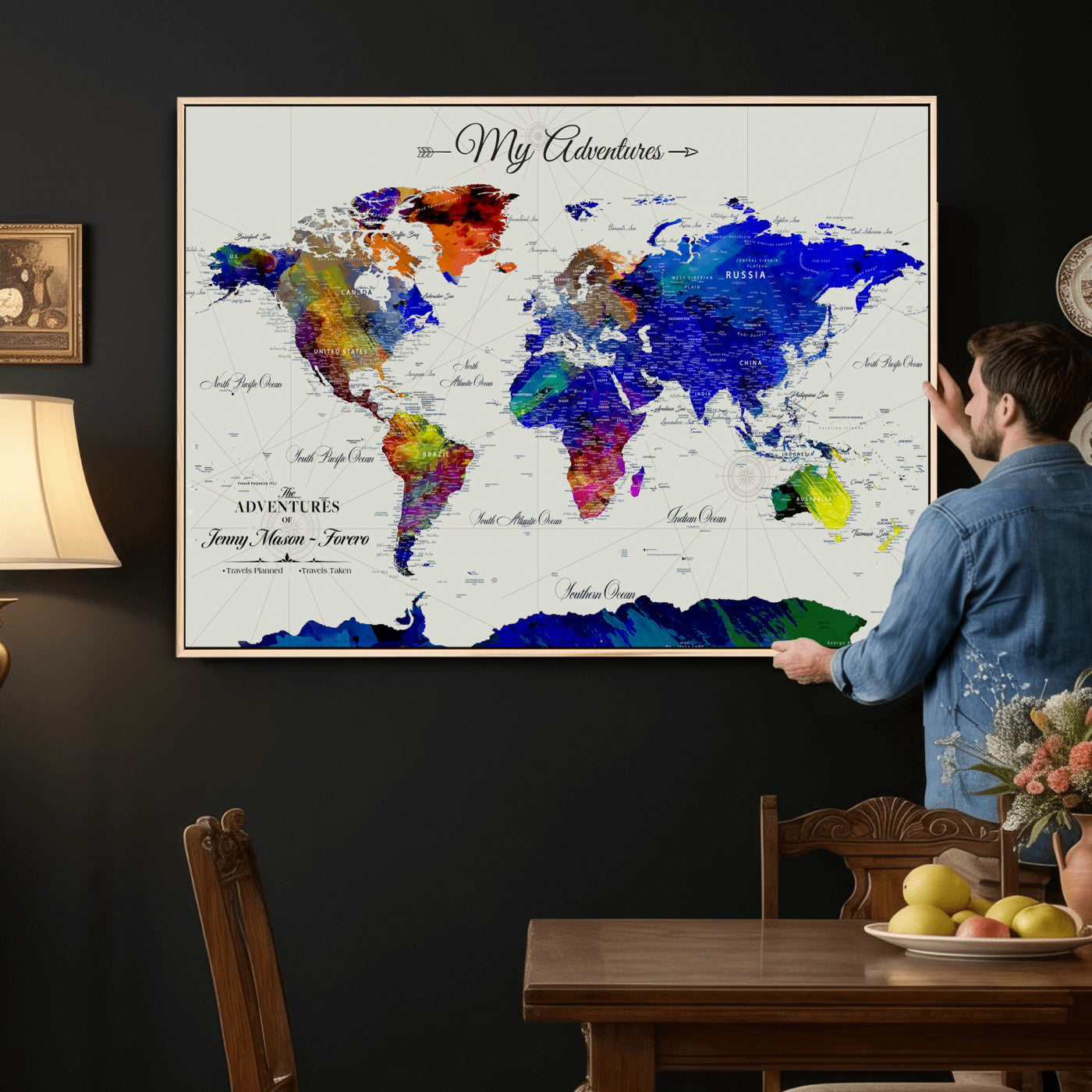 45423989-MGV-CV-36X24 - Custom Push Pin World Map Wall Art Canvas Print – Personalized Travel Tracker with Pins Framed Large for Home and Office Decor