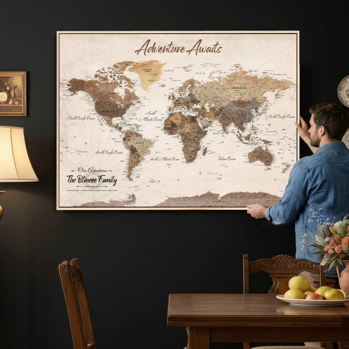 64110351-MGV-CV-36X24 - Custom Framed White Modern World Map Canvas with Push Pins, Places Visited Tracker, Dining Room and Entryway Decor