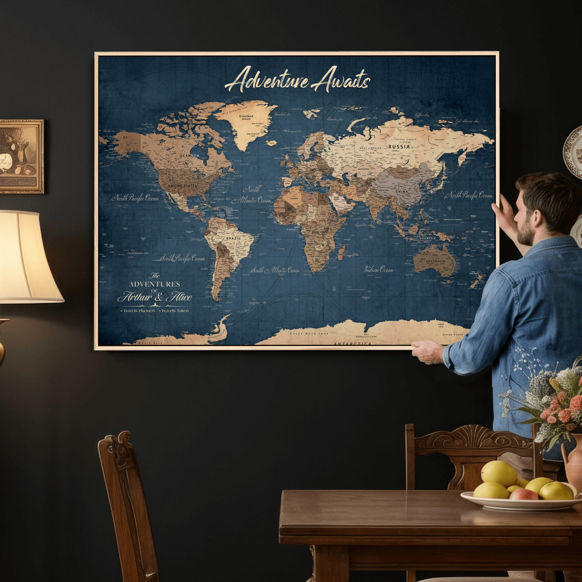 64110391-MGV-CV-36X24 - Personalized White Vintage World Travel Map Wall Art with Pins, Next Trip Planner Map, Family Room and Dining Room Decor
