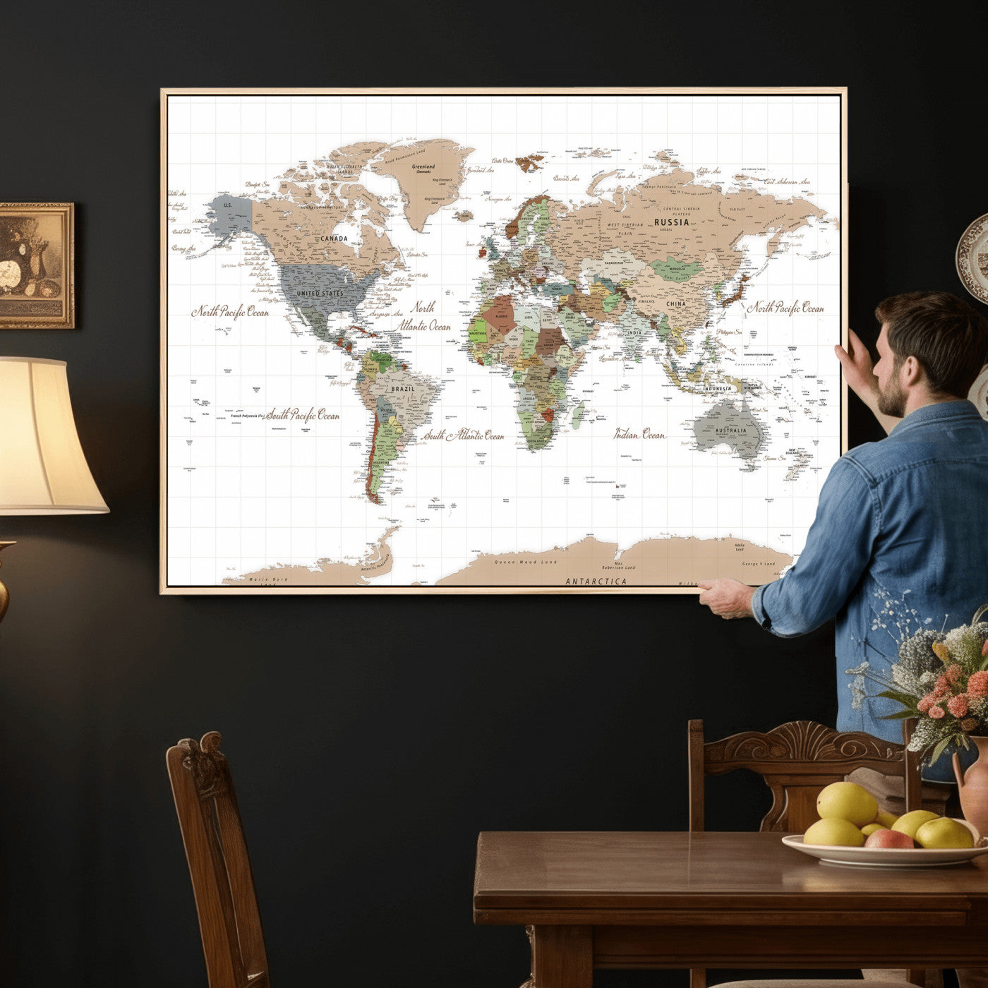 91286788-MGV-CV-36X24 - World Map Wall Art Canvas Print, Modern Decorative Framed Map Artwork Prints for Living Room, Office, Bedroom Wall Decor