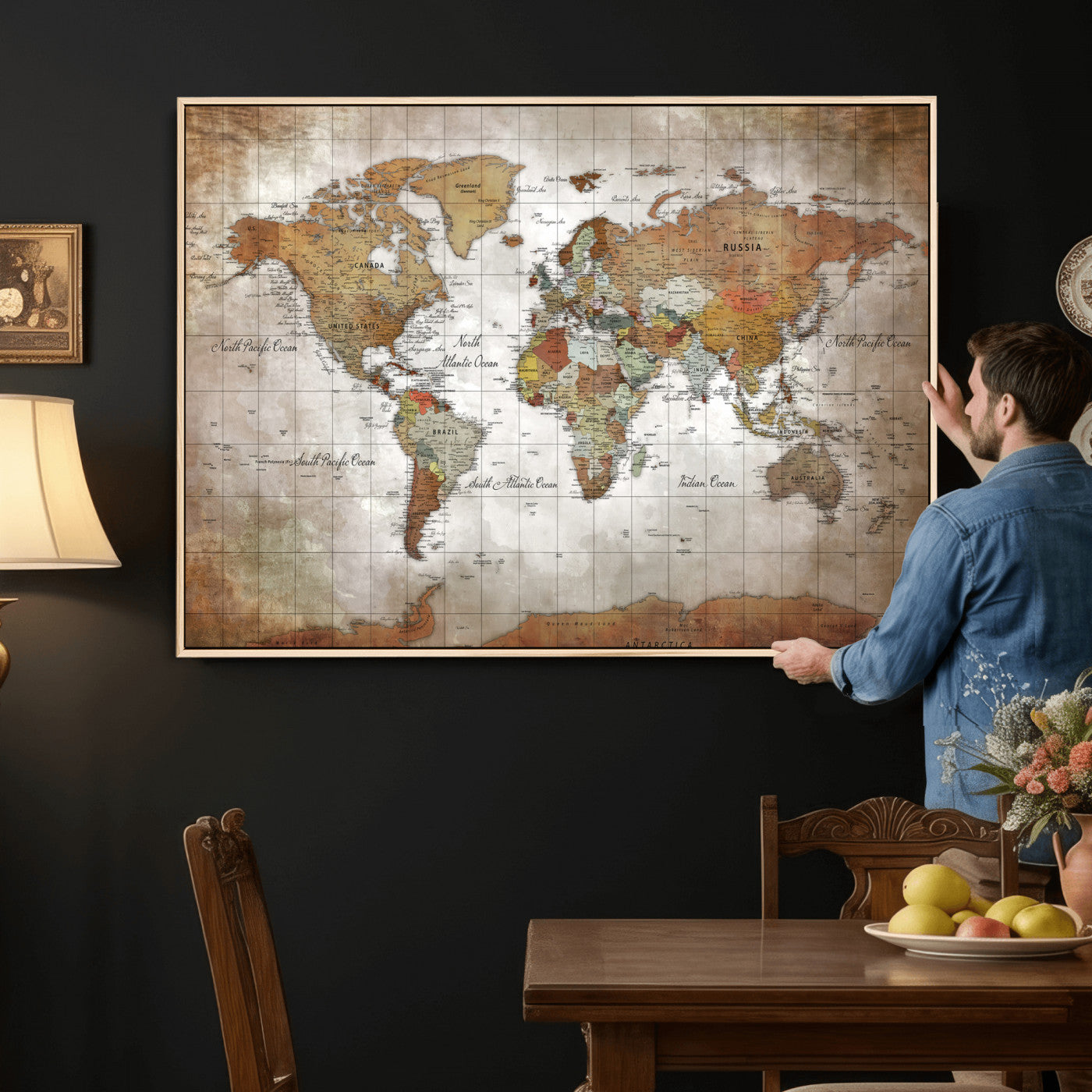 51643807-MGV-CV-36X24 - World Map Wall Art Canvas Print, Modern Decorative Framed Map Artwork Prints for Living Room, Office, Bedroom Wall Decor