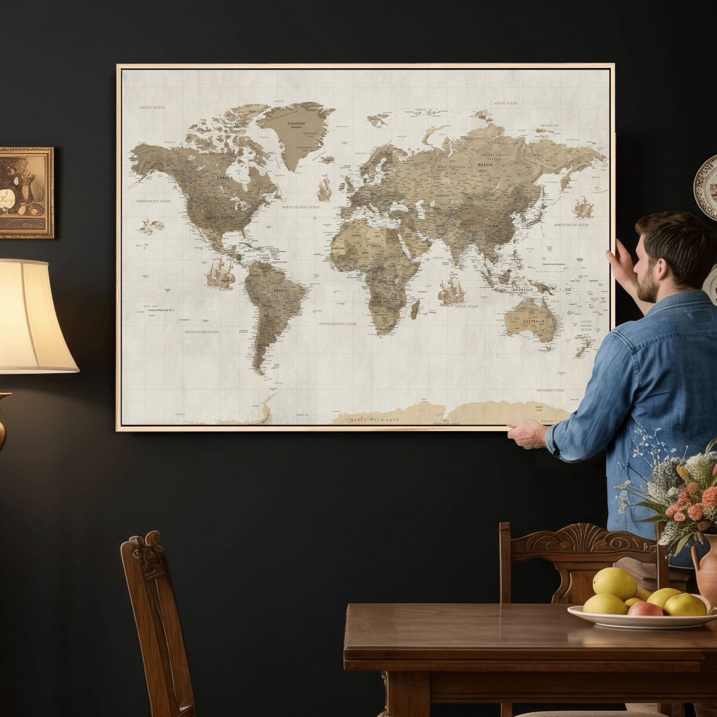 28283260-MGV-CV-36X24 - World Map Wall Art Canvas Print, Modern Decorative Framed Map Artwork Prints for Living Room, Office, Bedroom Wall Decor