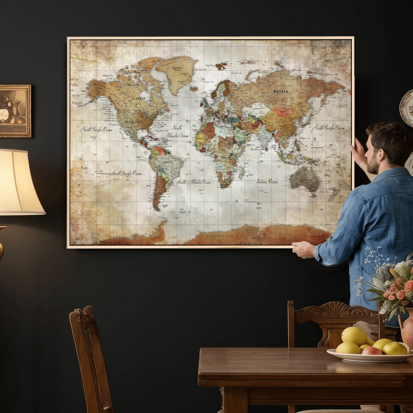 19855445-MGV-CV-36X24 - World Map Wall Art Canvas Print, Modern Decorative Framed Map Artwork Prints for Living Room, Office, Bedroom Wall Decor
