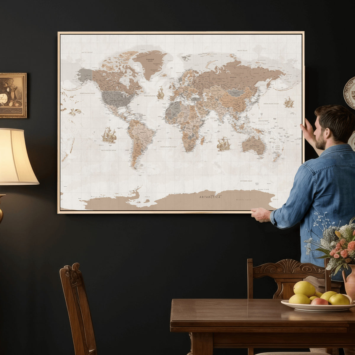 85057279-MGV-CV-36X24 - Framed Large World Map Canvas Print for Office Decor