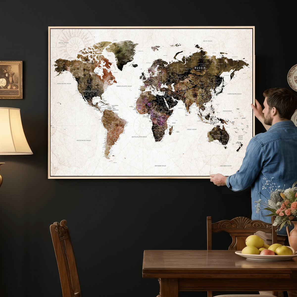 77651968-MGV-CV-36X24 - Watercolor World Map Print - Large Wall Art Canvas Print for