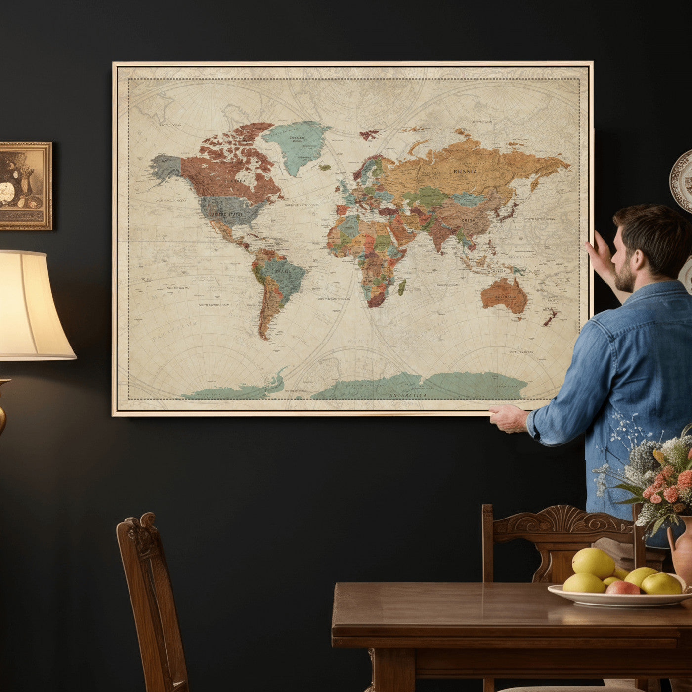 68428598-MGV-CV-36X24 - World Map Wall Art Canvas Print, Modern Decorative Framed Map Artwork Prints for Living Room, Office, Bedroom Wall Decor