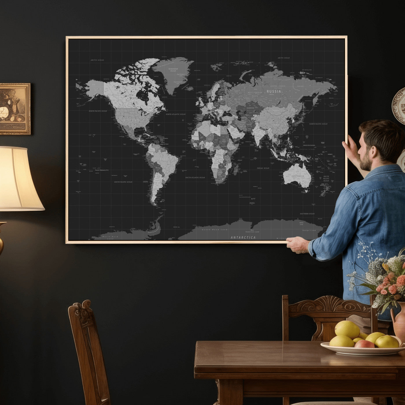46160121-MGV-CV-36X24 - World Map Wall Art Canvas Print, Modern Decorative Framed Map Artwork Prints for Living Room, Office, Bedroom Wall Decor
