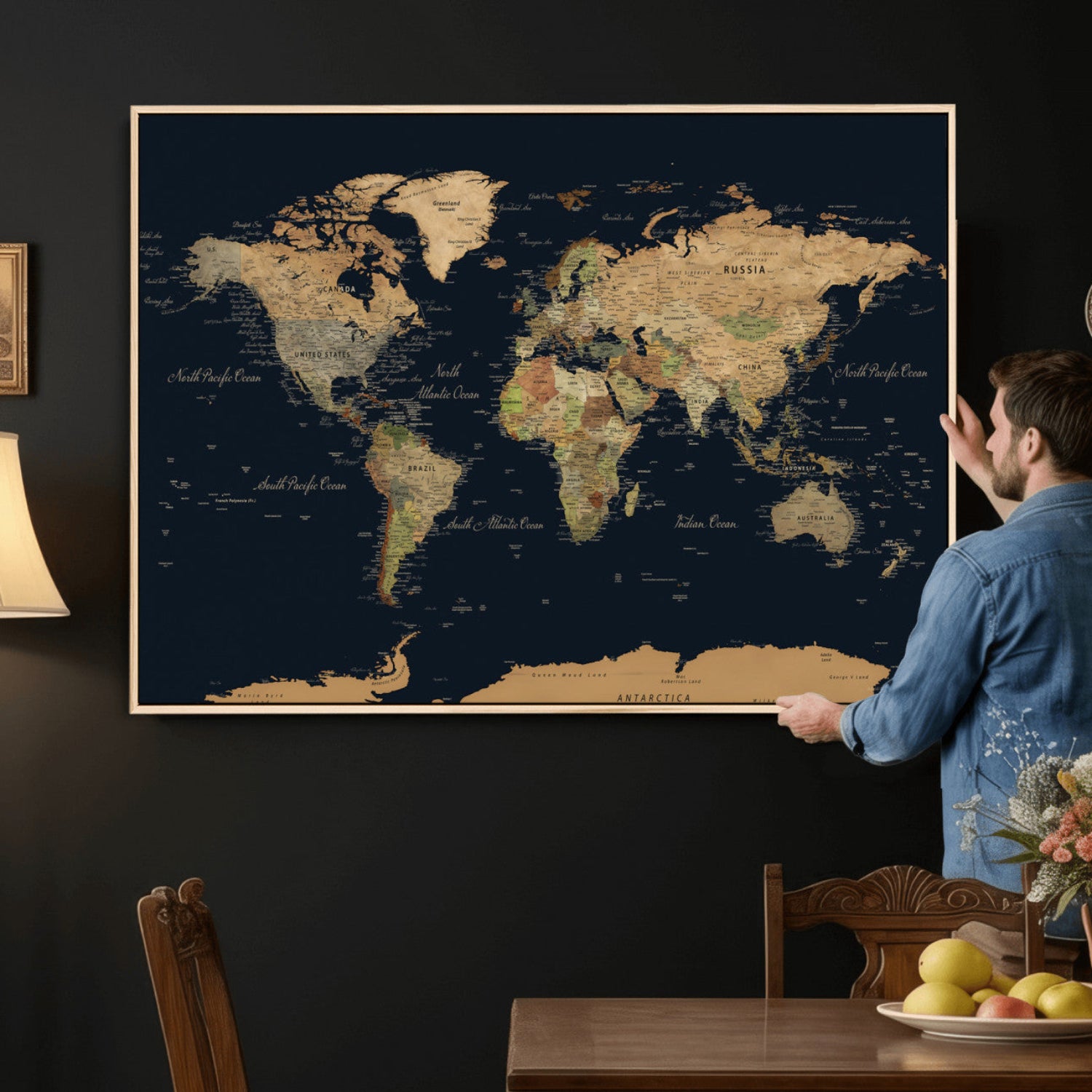 94449133-MGV-CV-36X24 - World Map Wall Art Canvas Print, Modern Decorative Framed Map Artwork Prints for Living Room, Office, Bedroom Wall Decor