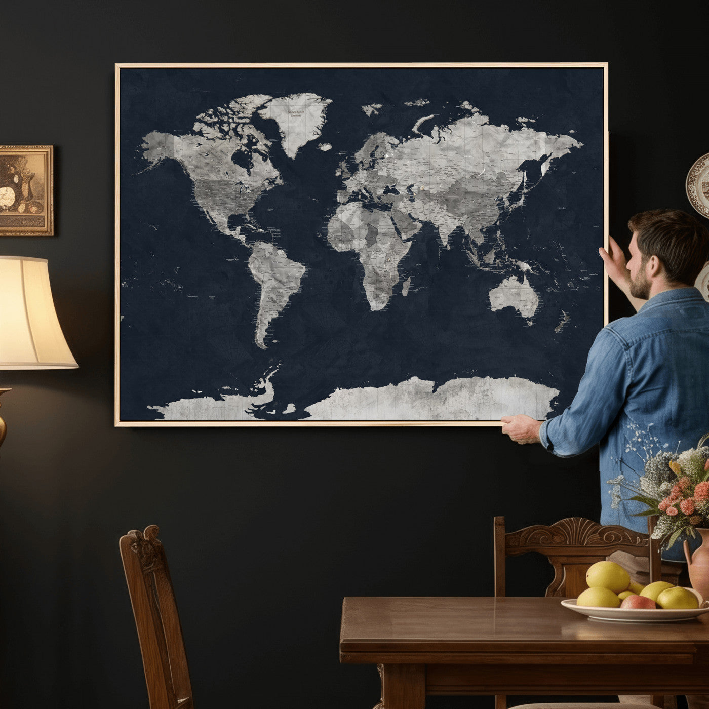 53886659-MGV-CV-36X24 - World Map Wall Art Canvas Print, Modern Decorative Framed Map Artwork Prints for Living Room, Office, Bedroom Wall Decor