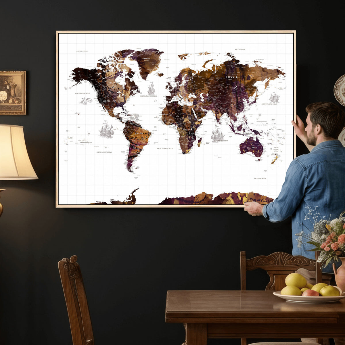 34792695-MGV-CV-36X24 - Rustic World Map Wall Art Canvas Print | Large Vintage Blue World Map on Wood Grain Style Background