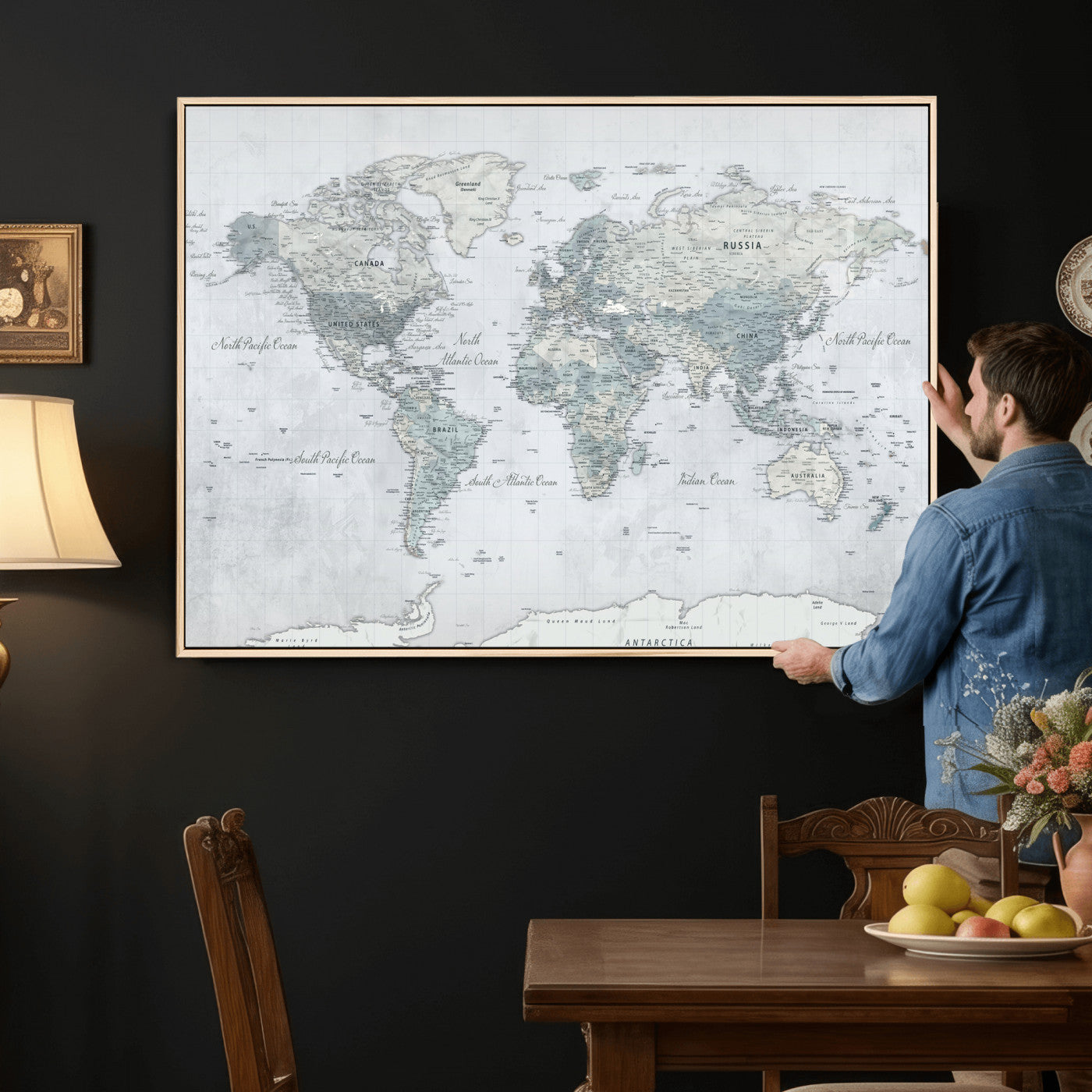71091917-MGV-CV-36X24 - World Map Wall Art Canvas Print, Modern Decorative Framed Map Artwork Prints for Living Room, Office, Bedroom Wall Decor