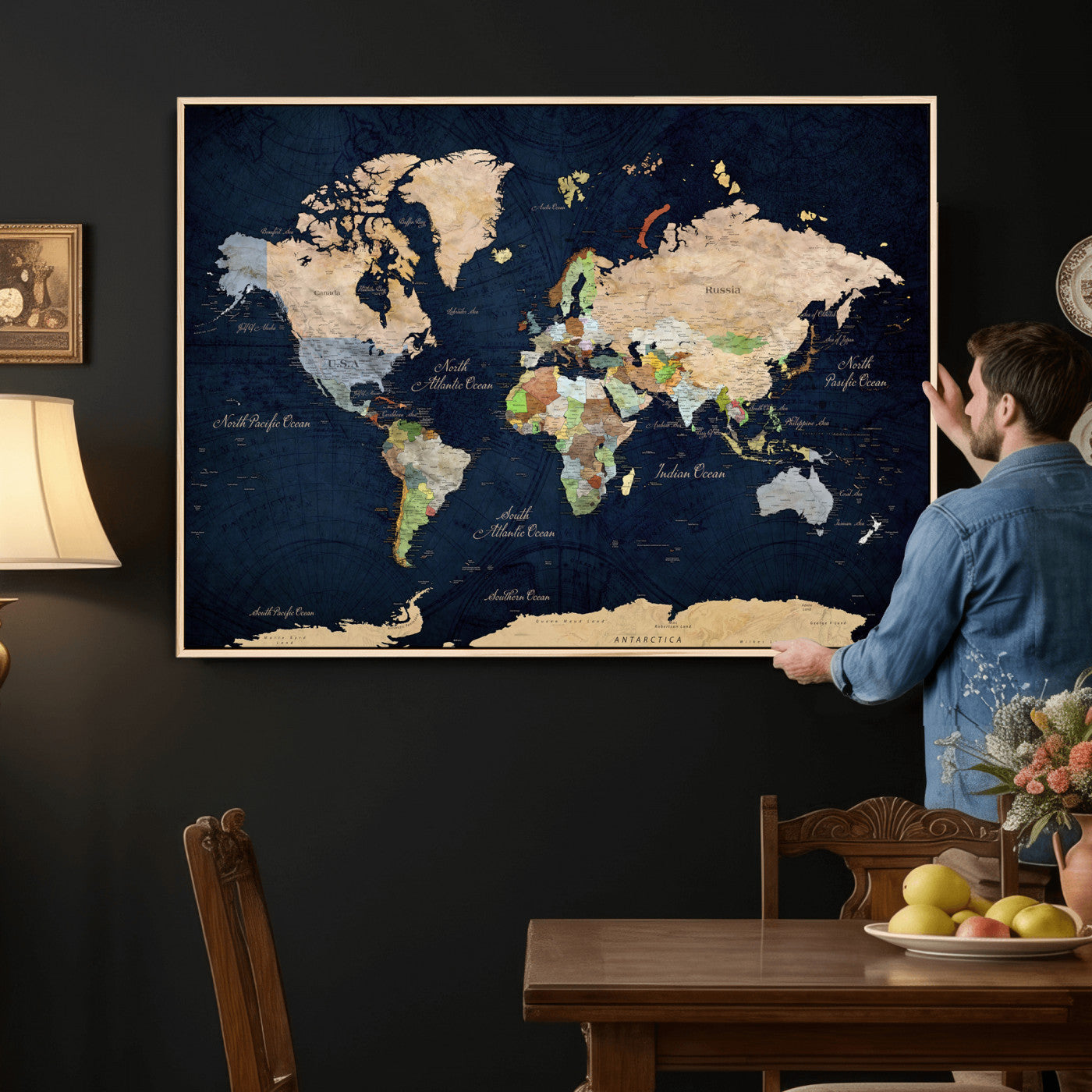 76603563-MGV-CV-36X24 - World Map Wall Art Canvas Print, Modern Decorative Framed Map Artwork Prints for Living Room, Office, Bedroom Wall Decor