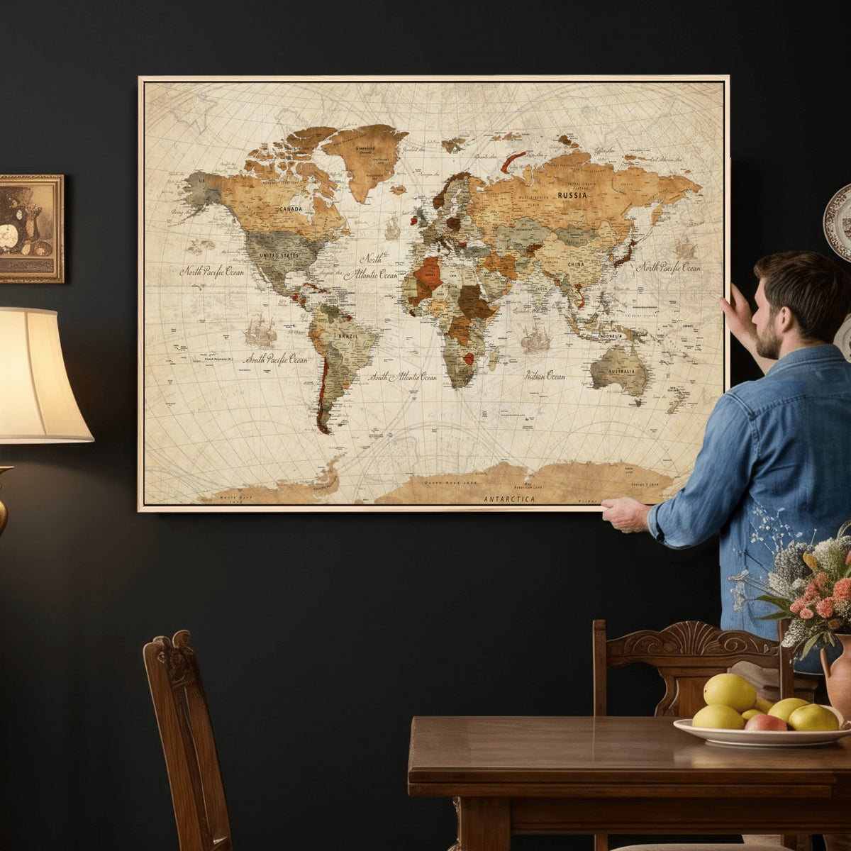 29684537-MGV-CV-36X24 - Vintage World Map Canvas Print, Framed Rustic Detailed Map of the World, Explorer Decor