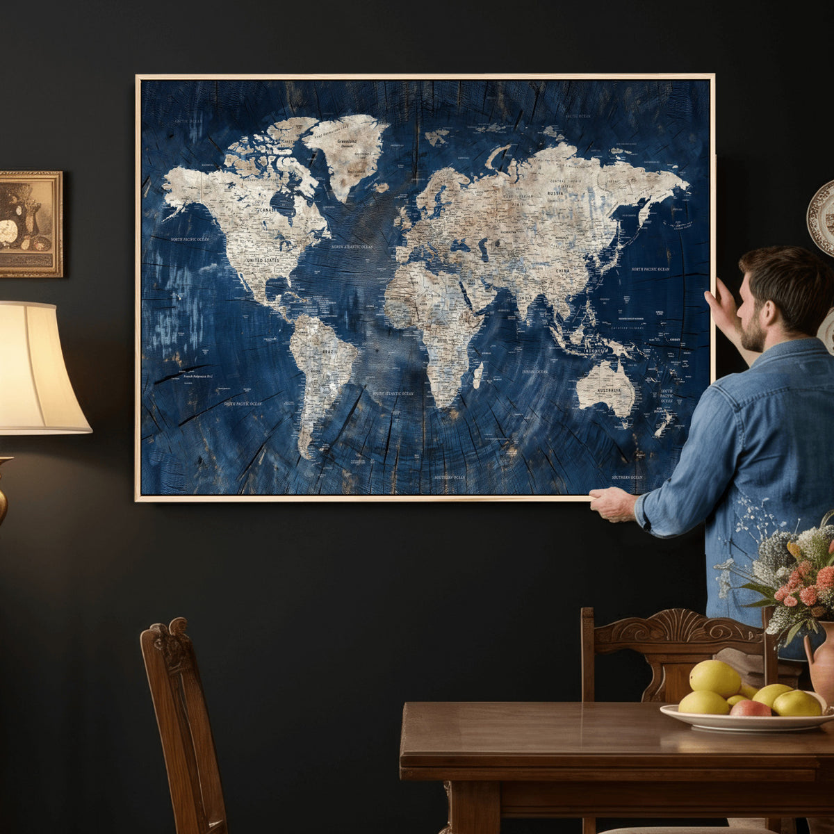56126010-MGV-CV-36X24 - Large Blue World Map Wall Art Canvas Print for Home Office
