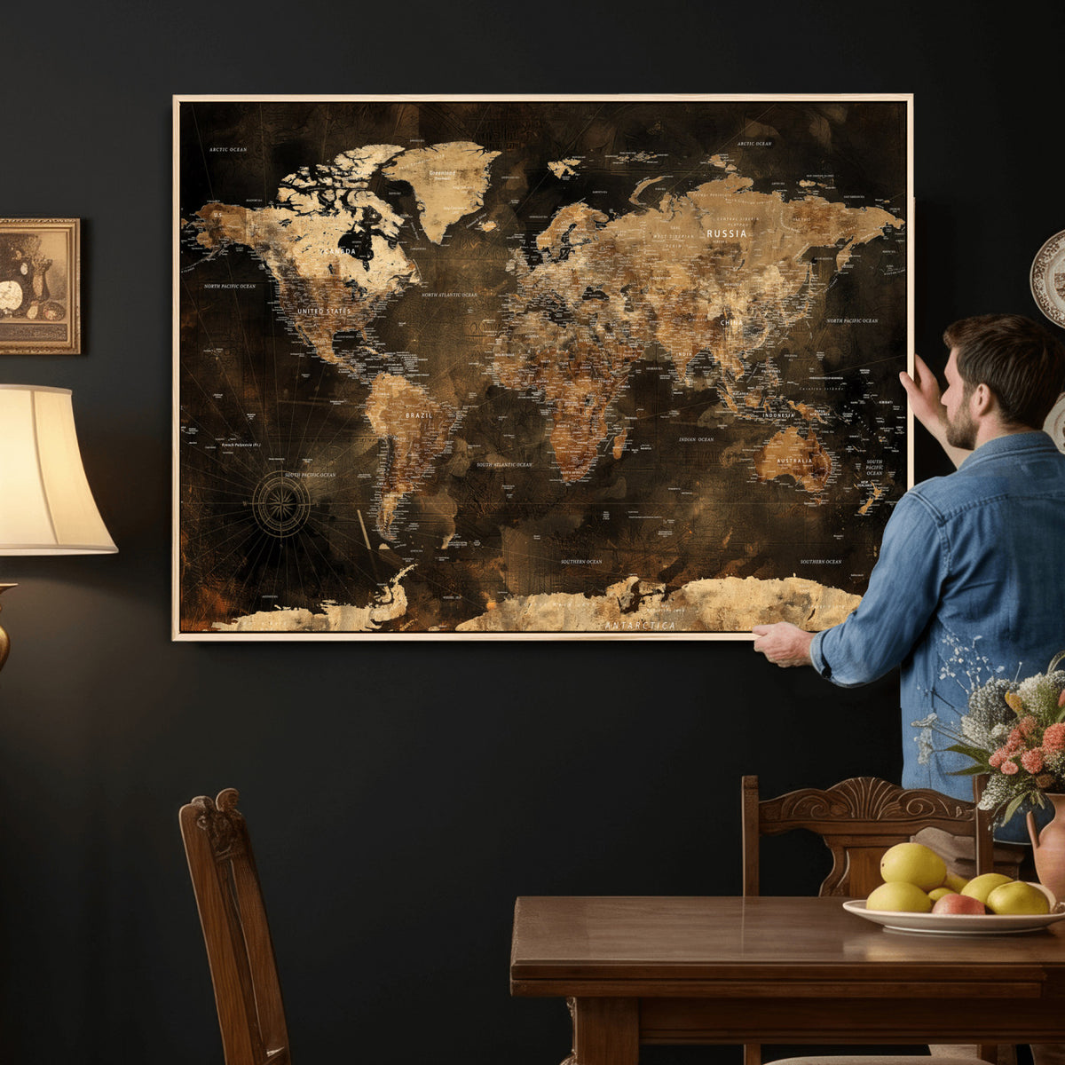 97742922-MGV-CV-36X24 - World Map Canvas Print, Modern Decorative Framed Map Artwork