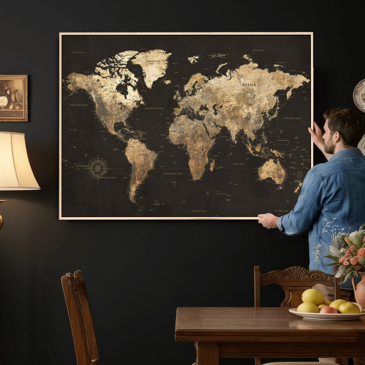 70985630-MGV-CV-36X24 - Framed World Map with Pin Canvas Print – Detailed World Map