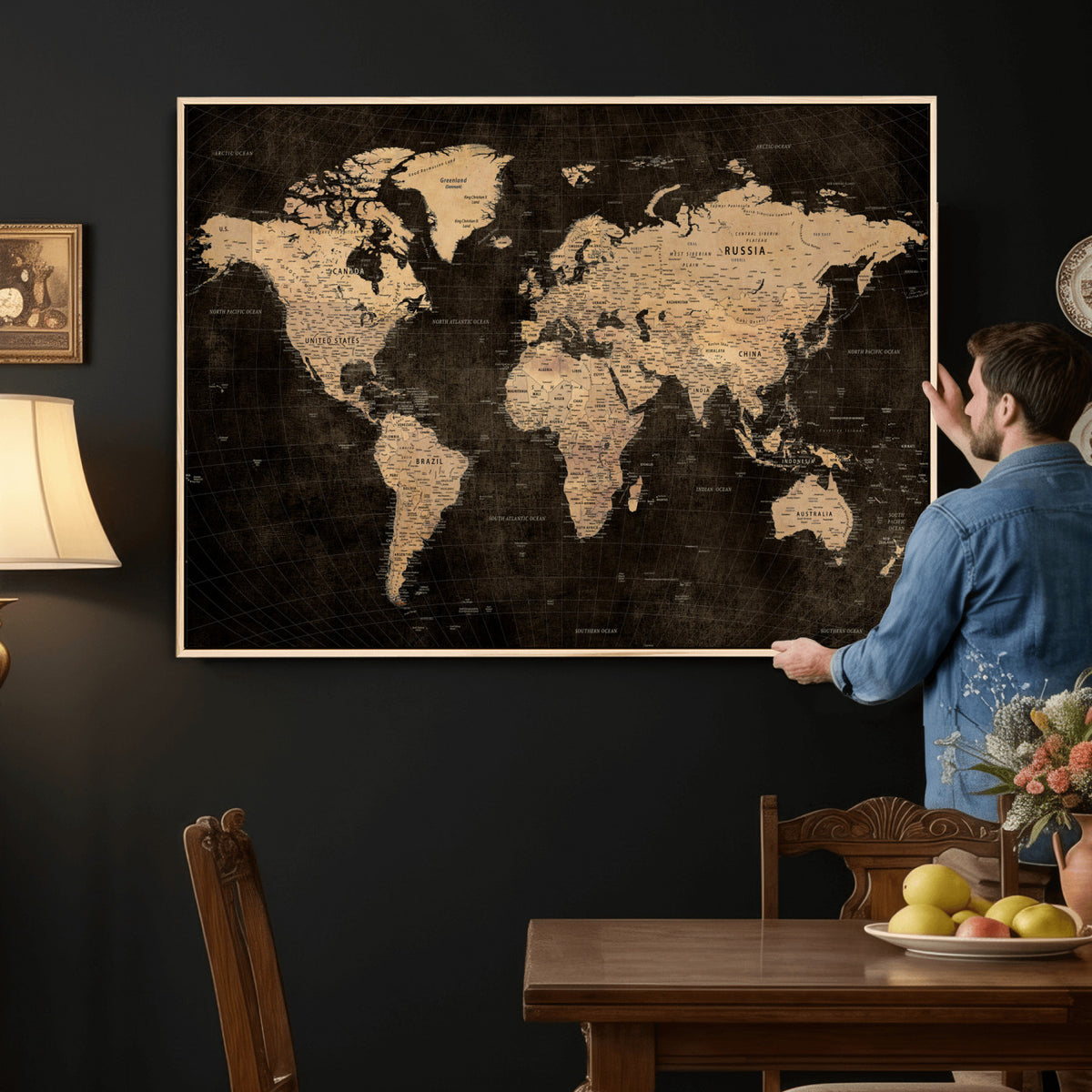 15118265-MGV-CV-36X24 - Brown World Map Canvas Print | Modern Travel Map Wall Art