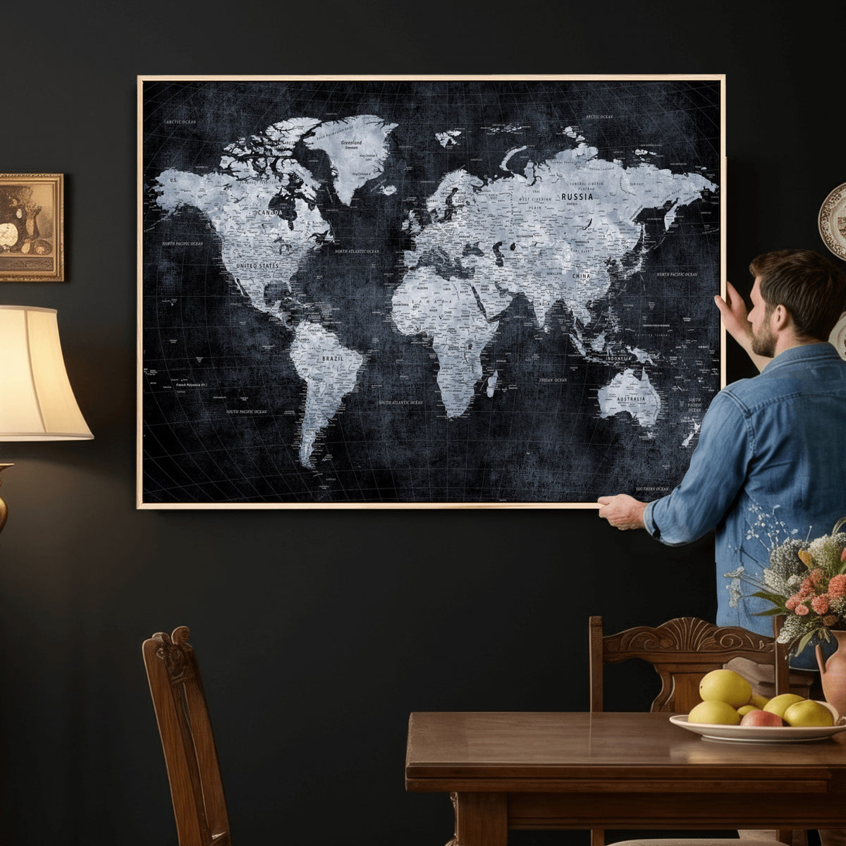 86893704-MGV-CV-36X24 - Black World Map Canvas Print | Detailed Map for Couples and Anniversary Gift