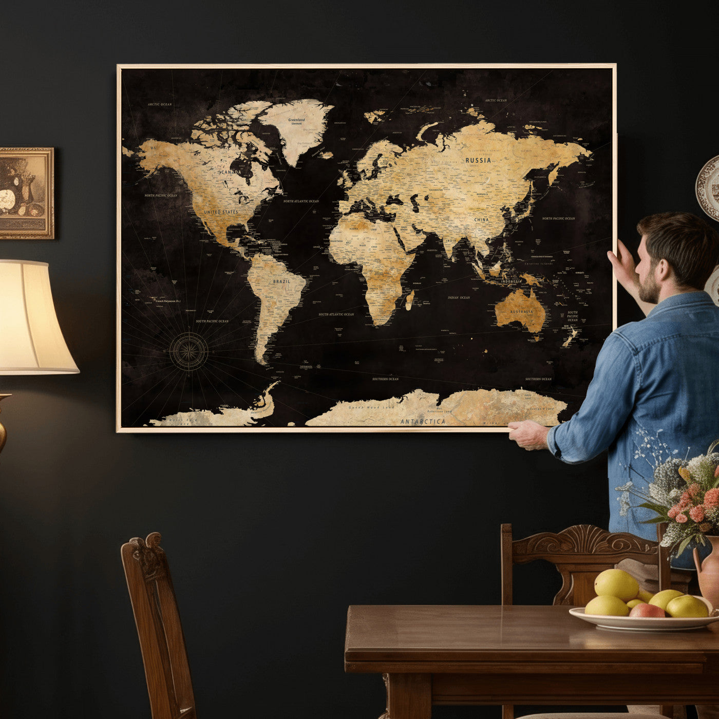 70468159-MGV-CV-36X24 - World Map Wall Art Canvas Print, Modern Decorative Framed Map Artwork Prints for Living Room, Office, Bedroom Wall Decor