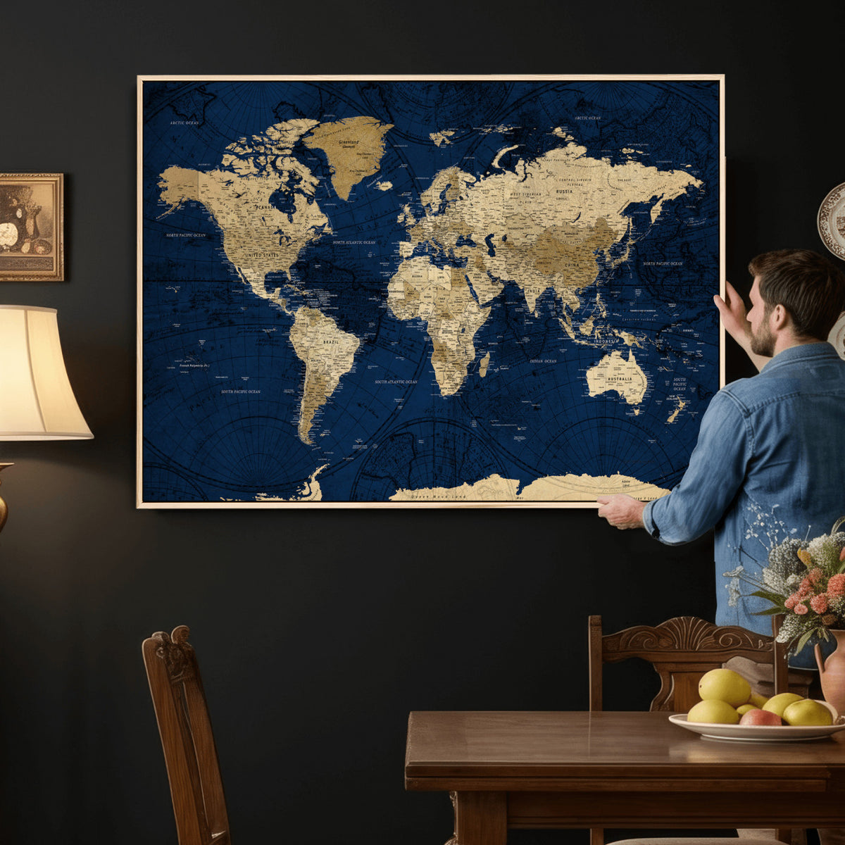 54770746-MGV-CV-36X24 - Navy Blue World Map Canvas Print – Detailed Map Minimal Navy