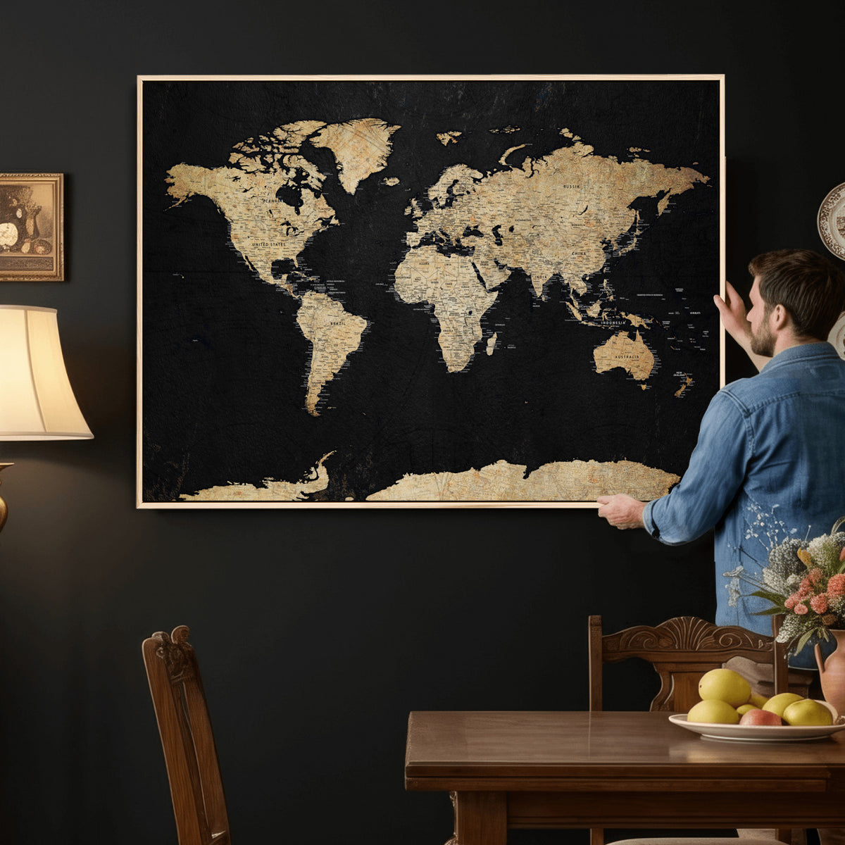 71518849-MGV-CV-36X24 - Beige World Map Canvas Wall Art Print, Minimal Black and