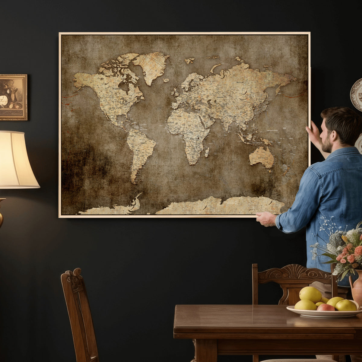 35847542-MGV-CV-36X24 - Dark Vintage World Map Canvas Wall Art Print, Antique Map